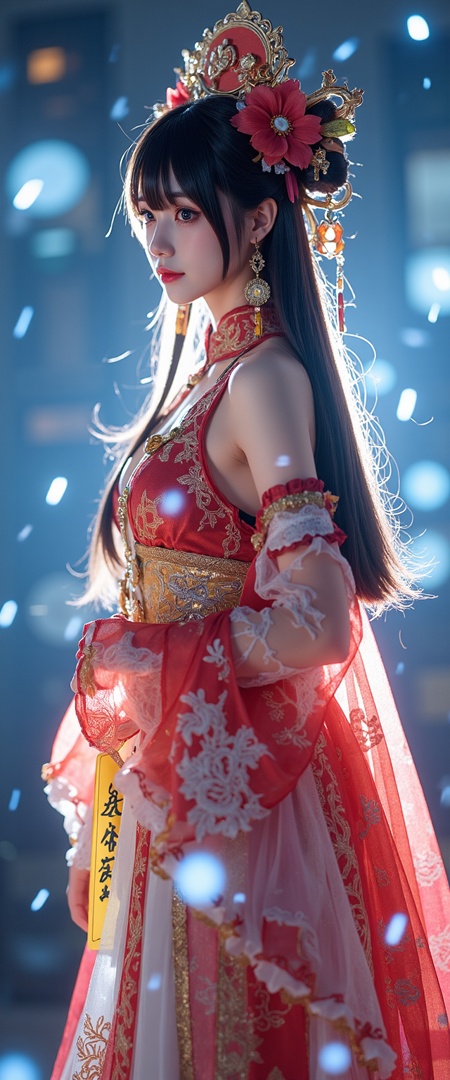 The image depicts a stylized, digitally rendered character dressed in traditional East Asian attire. The character is adorned with intricate, ornate clothing featuring gold and red patterns, a detailed headdress with floral decorations, and a long, flowing robe. The headdress includes a prominent red and gold ornament, and there are yellow banners with Chinese characters hanging from it. The character's hair is styled with long, flowing strands, and there are subtle blue and white swirling patterns in the background, giving a mystical or ethereal effect. The overall composition is vibrant and detailed, with a focus on the character's elaborate costume and the surrounding decorative elements.,(((photo raw)), Rembrandt Lighting Shadow/Highlight Enhancement and Glow/Soft Focus and Bokeh Panorama , ,),from side,Alternate Reality, Stylish Fashion, Creative Art, Unique Aesthetic,Alternative Style,reflective light,glowing,energy, reflection ,wearing see-through cheongsam,