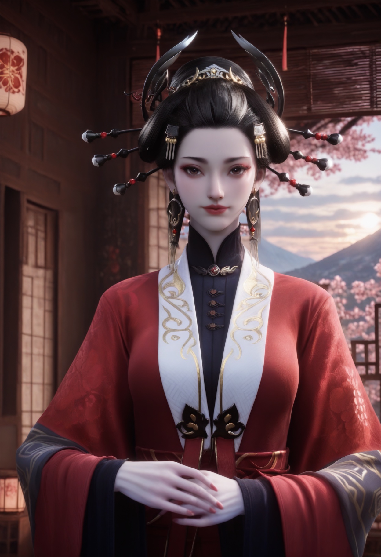 Yan_furen,1girl,black hair,looking at viewer,hair ornament,jewelry,brown eyes,earrings,hair stick,updo,hair pulled back,horns,hair stick,<lora:Yan_furen_10_illu-000010:0.75>,chinese clothes,wide sleeves,long sleeves,hanfu,red dress,photorealistic,hyperrealistic,<lora:realistic filter [IL]:1>,(pale skin:1.2),standing,(upper body:1.2),close up,head shot,lantern,open window,looking at viewer,indoors,mountains,blossoms,flowers,east asian architecture,beautiful sunrise,warm ambient temperature,