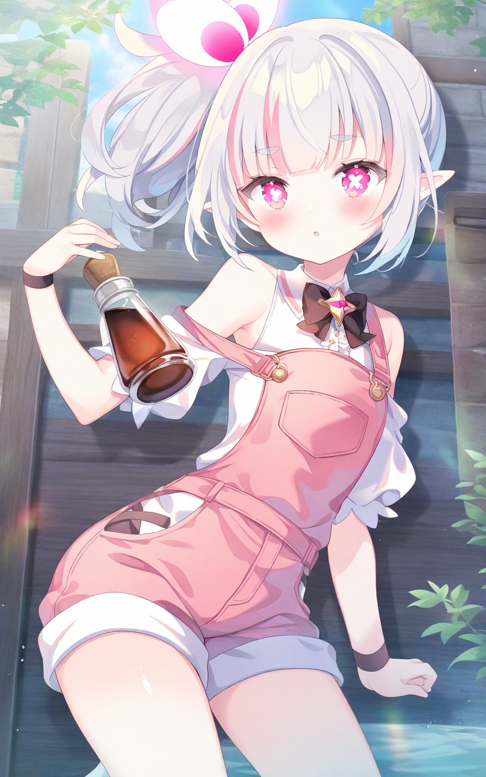 O,Noyu,Torino,0,Spring couplets,red envelopes,1girl,solo,bishoujo,elf,white_skin,shiny_skin,fair_skin,oil,slender,white hair,silver hair,streaked hair,ponytail,Side ponytail,short ponytail,elf ears,pointy_ears,pink eyes,pink eyeshadow,glowing_eye,water_eyes,x-shaped_pupils,bare shoulders,narrow_waist,magical_girl,school_uniform,sailor,maid,overalls,