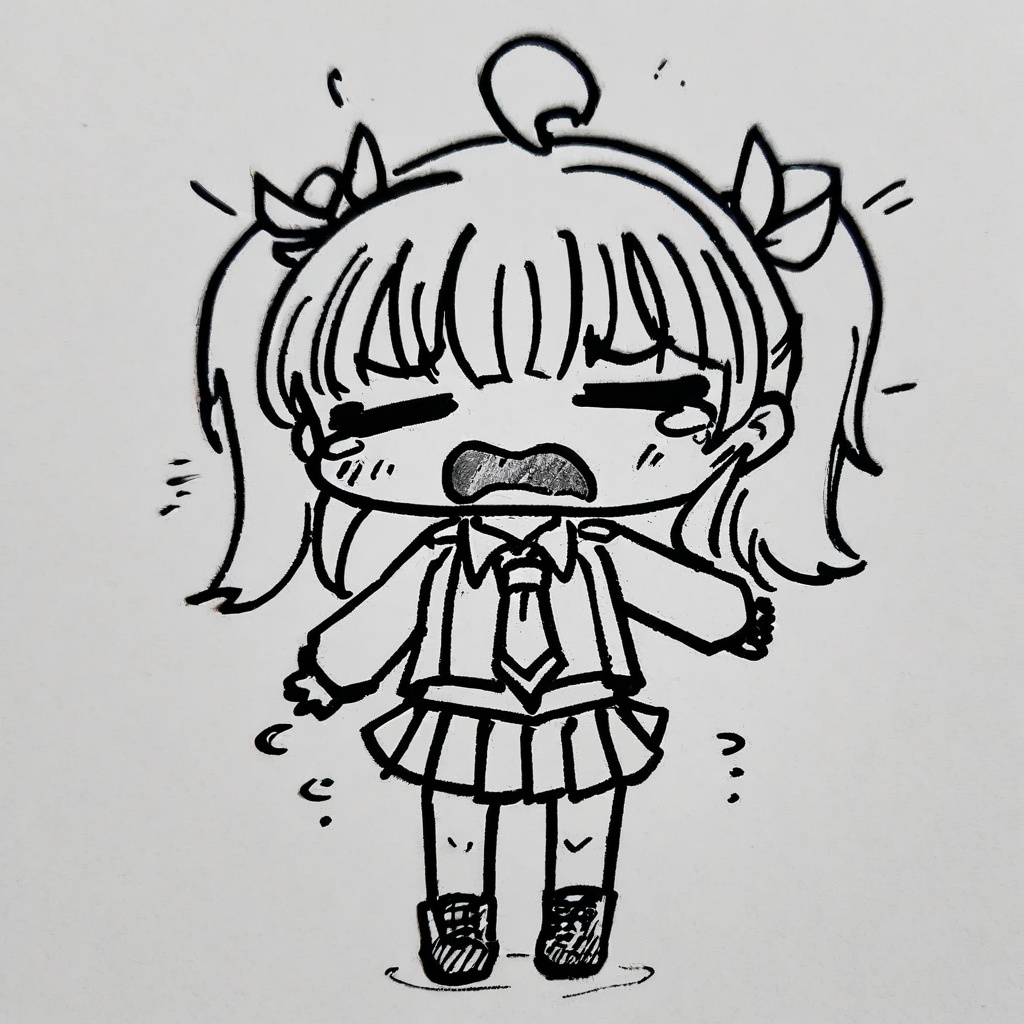 <lora:style52-a31-000018:1>1girl, greyscale, monochrome, solo, twintails, closed eyes, lineart, skirt, open mouth, tears, long hair, crying, simple background, chibi, white background, long sleeves, pleated skirt, ahoge, necktie, full body, boots, crossed bandaids