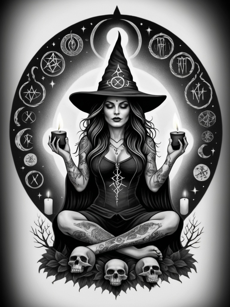 tattoo,  tattoo style,  a tattoo design of a powerful witch seated in a meditative pose. She wears a large on Tensor.Art