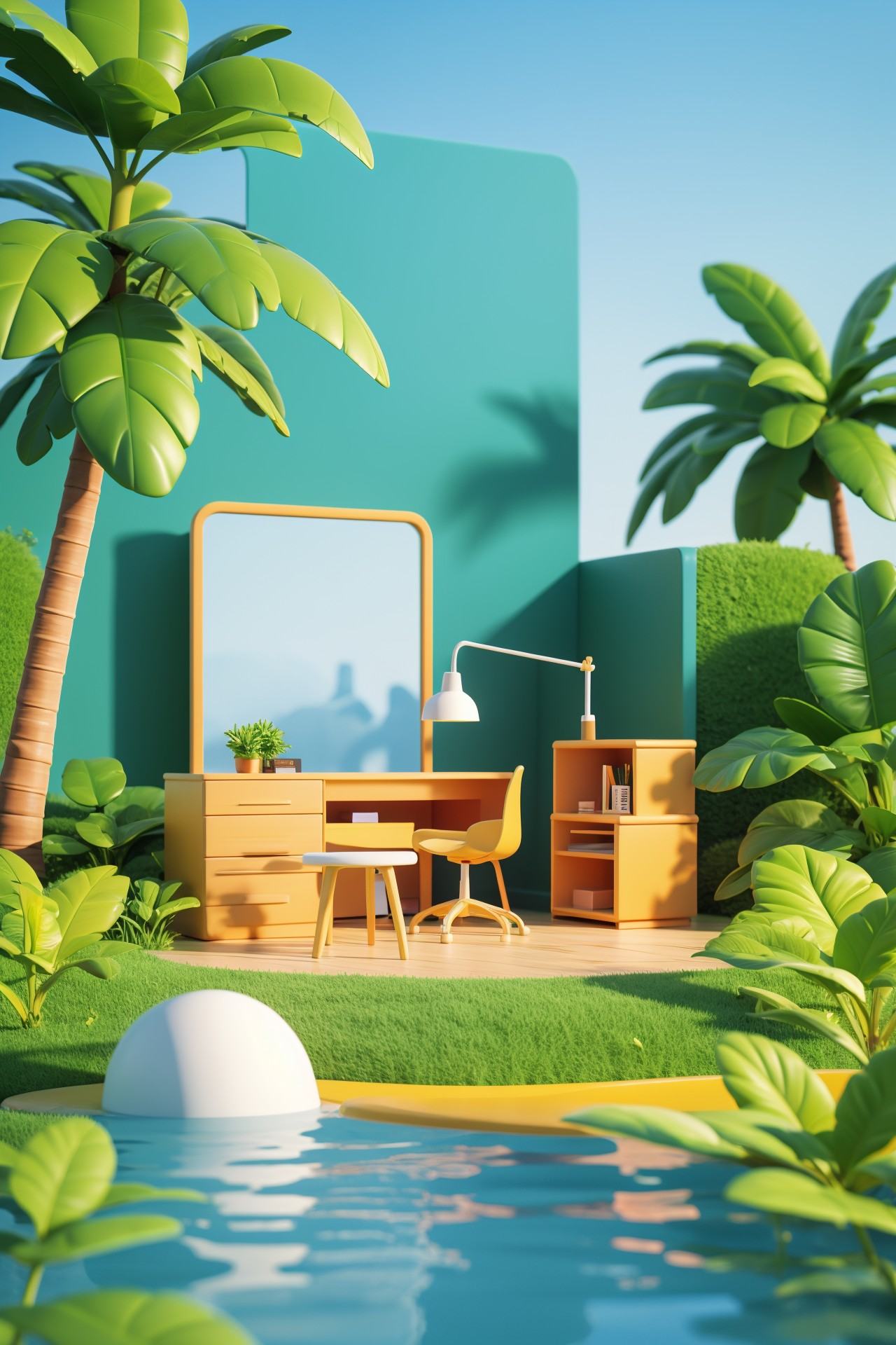 3d style,q version cute，"C4D rendering of a sleek, white office setup on a reflective water surface, surrounded by golden grass and minimalist decor. The clean lines and serene environment highlight the fusion of modern design and nature, perfect for a sophisticated workspace promotion."