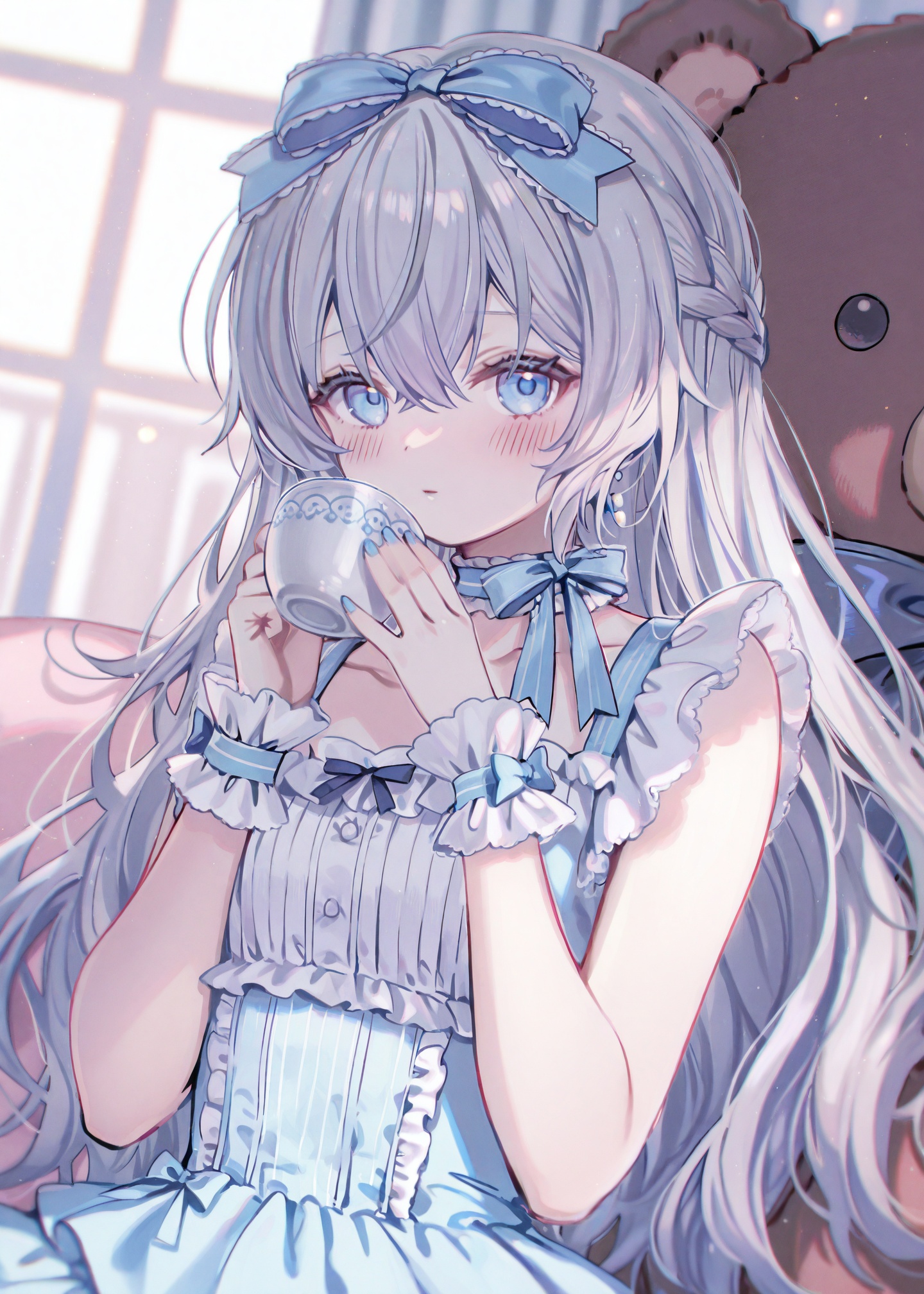 masterpiece,absurdres,best quality,petite,high quality,//,1girl, cup, holding_cup, solo, bow, holding, hair_bow, blue_eyes, teddy_bear, frills, stuffed_toy, braid, stuffed_animal, long_hair, blue_nails, blue_bow, nail_polish, wrist_cuffs, drinking, frilled_choker, ribbon, blue_ribbon, blush, upper_body, collarbone, grey_hair, looking_at_viewer, choker, blue_dress, light_particles, hair_between_eyes, eyelashes, dress, blue_choker, blurry, frilled_dress//,<lora:梅原生umehara_sei ——【CKXL】hans:0.8>,