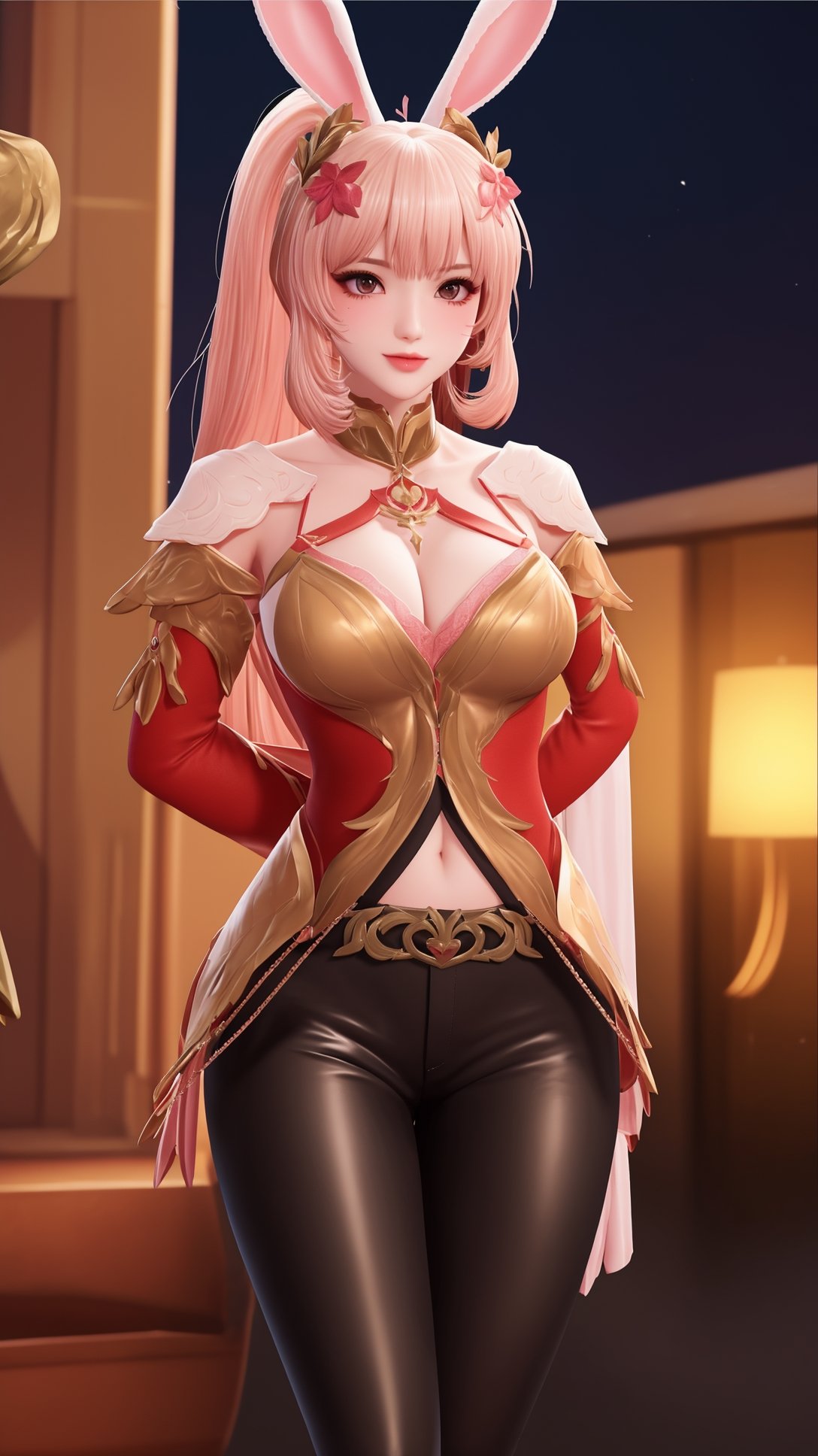 (1girl),smooth chin,masterpiece,detailed face,((hair ornament focus)),top quality,4k,make up,best quality,medium breasts,(looking at viewer),eyes focus,upper body,rabbit ears,pink hair,ponytail,((black pants)),blush,body blush,mature female,navel,light red and light golden mixed sleeves,night sky,arms behind back,long legs,red skirt,hole on pants,walking,<lora:王者公孙离原皮_v1.0-000008:0.8>,