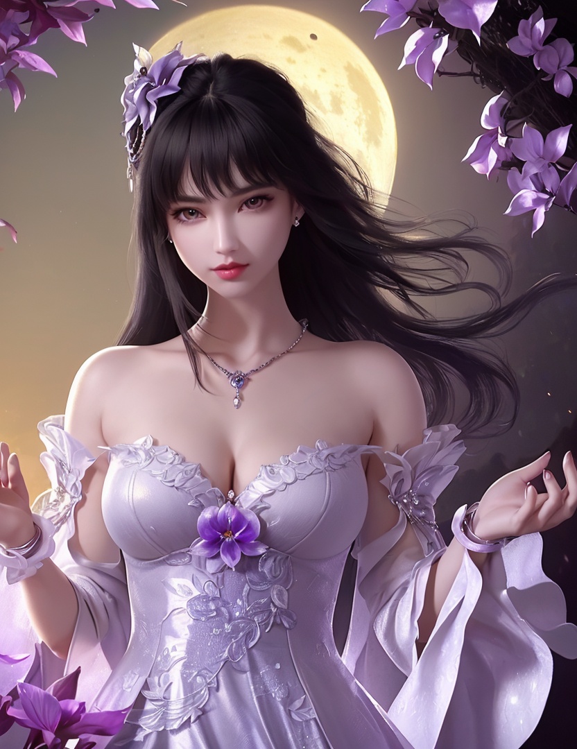 ultra realistic 8k cg, picture-perfect face, flawless, clean, masterpiece, professional artwork, famous artwork, cinematic lighting, cinematic bloom, perfect face, beautiful face, fantasy, dreamlike, unreal, science fiction,   lace, lace trim, lace-trimmed legwear,  (rich:1.4), prestige, luxury, jewelry, diamond, gold, pearl, gem, sapphire, ruby, emerald, intricate detail, delicate pattern, charming, alluring, seductive, erotic, enchanting, hair ornament, necklace, earrings, bracelet, armlet,halo((,1girl, pov,))(((1girl, jewelry, solo,, breasts, , looking_at_viewer,  outdoors,  full moon,  upper body,  purple flower, )))    <lora:DA_YueChanTeen:0.7>