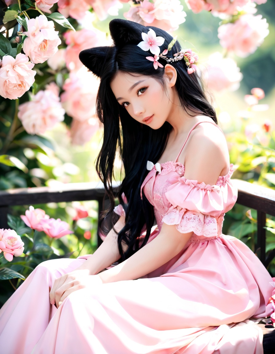 1girl, flower, hair ornament, solo, black hair, sitting, dress, hair flower, animal ears, pink dress, long hair score_9,score_8_up,score_7_up,score_6_up,score_5_up,score_4_up,
