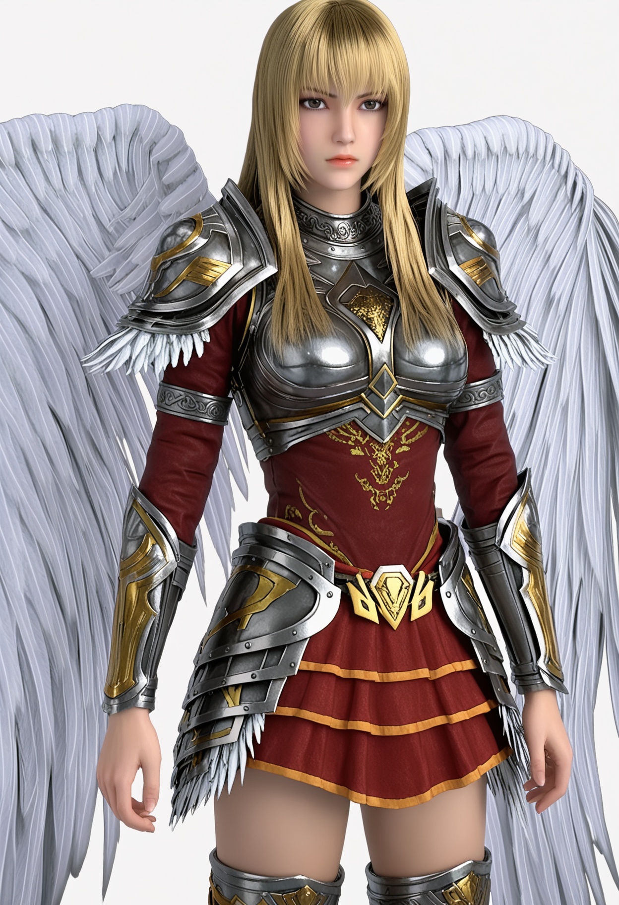 score_9,high detail,best quality,shiny skin,shiny,tianshiyan,1girl,solo,brown eyes,blonde hair,long hair,armor,shoulder armor,closed mouth,lips,angel wings,white background,breastplate,realistic,skirt,boots,simple background,looking at viewer,<lora:QQSponytianshiyanV1:0.8>,<lora:Pony_DetailV2.0:0.8>,<lora:皮肤凹痕:0.1>,