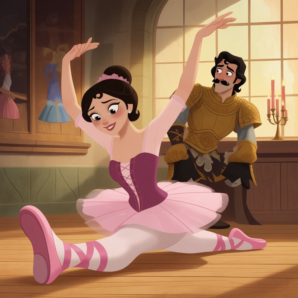 A ballerina stretching while being watched by a man with a mustache wearing golden armor on Tensor.Art