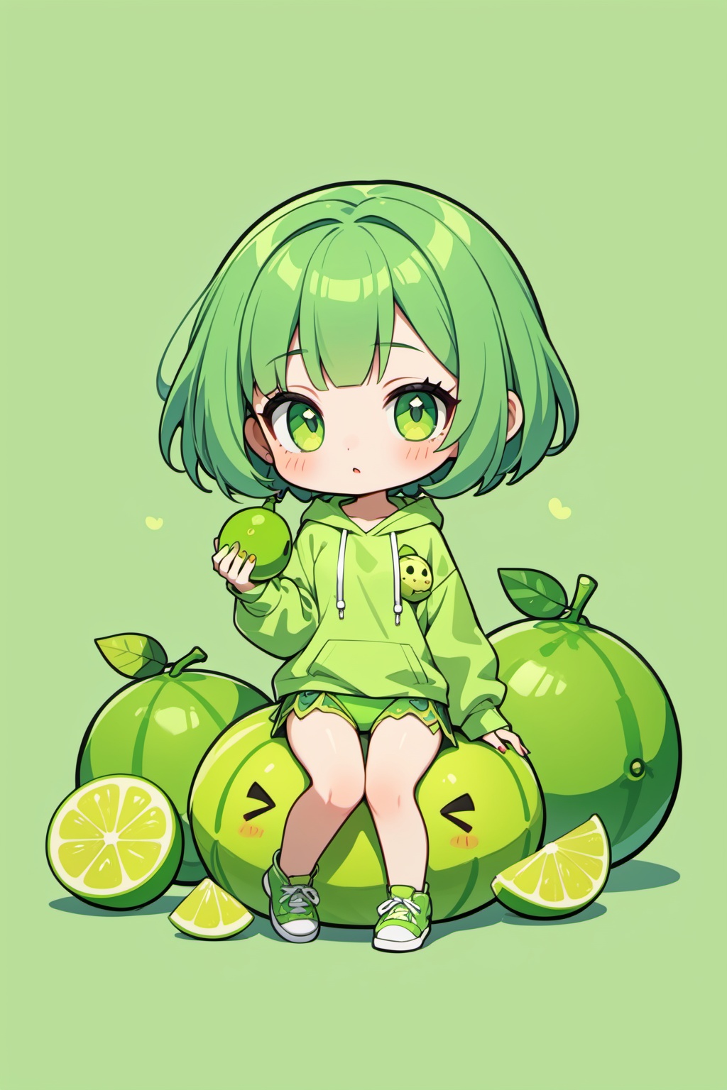 chibi,(1girl, green bobcut hair style) holding a green lemon,( Her decked out in an green lemon themed ensemble),complete with (green bikini and hoodie) . Her laid-back demeanor contrasts with the vibrant,spooky accessories. ((on a pure light green background)),, masterpiece,best quality,very aesthetic,absurdres,