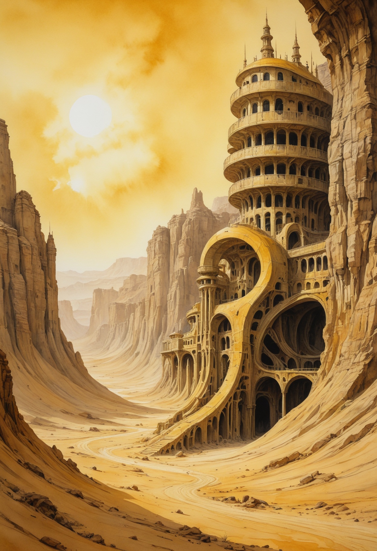 Watercolor painting inspired by Hans Ruedi Giger,  dreamlike realm within an arid desert,  abandoned edifices adrift on si...