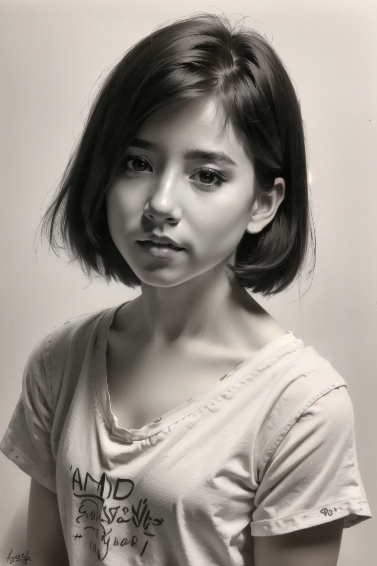 ((HRD, HUD, 8K)),((masterpiece, best quality)), highly detailed, photo_\(medium\),1girl, solo, short hair, t-shirt, Sketch,monochrome, greyscale, traditional media, signature, graphite (medium), simple background, upper body, looking at viewer,  <lora:20240218-1708224875184:0.9>