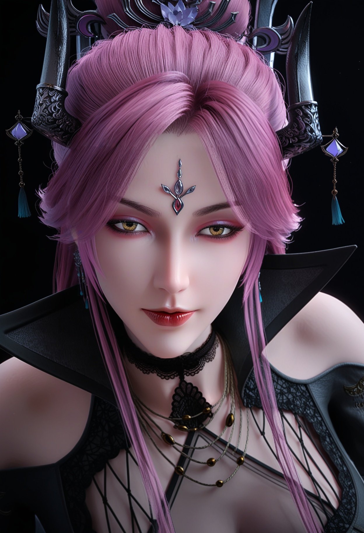 (cowboy shot:1.2),score_9,score_8_up,masterpiece,(best quality),intricate details,1girl,facing viewer,(looking at viewer:1.1),<lora:YQ_pony_manluo_V4:0.9:lbw=1,1,1,1,1,1,1,1,1,0.8,0.8,0.1>,q1528437228,1girl,solo,long hair,pink hair,jewelry,horns,hair ornament,earrings,choker,dress,makeup,necklace,red lips,red hair,purple hair,black dress,forehead mark,black high heels,yellow eyes,high collar,black choker,brown eyes,pantyhose,hair bun,black pantyhose,hair over one eye,long sleeves,puffy sleeves,eyeshadow,BREAKscore_9,score_8_up,masterpiece,(best quality),perfect anatomy,(hourglass),perfect face,(simple background,pure black background,black background:1.1),fair_skin,shiny_skin,Ivory_skin,