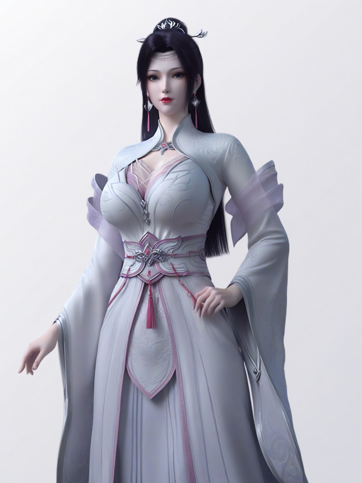 score_9,1girl,solo,dress,long hair,earrings,hair ornament,eyelashes,large breasts,standing,wide sleeves,lipstick,looking at viewer,white background,simple background,cowboy_shot,<lora:SF_YunYun_HuaZong_Pony_Realism2.3-000003:0.7>,