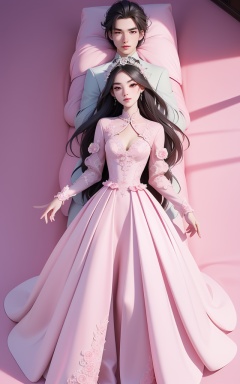 breathtaking Elongated train ball gown with intricate lace appliqués,design by Pierre Cardin (皮埃尔·卡丹),Prada (Prada),Lying flat on the back with arms at sides,pink,full body, . award-winning, professional, highly detailed