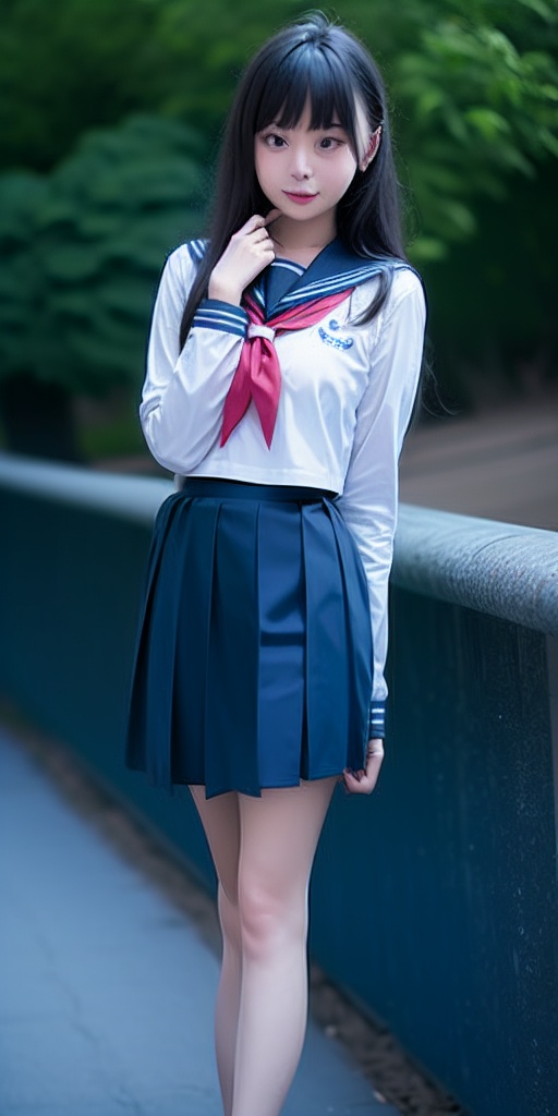 film,young girl,school uniform,long hair,black hair,skirt,serafuku,looking at viewer,sailor collar,outdoors,bangs,long sleeves,hand on own chin,pleated skirt,day,blunt bangs,shirt,black eyes,blue neckerchief,black skirt,white shirt,