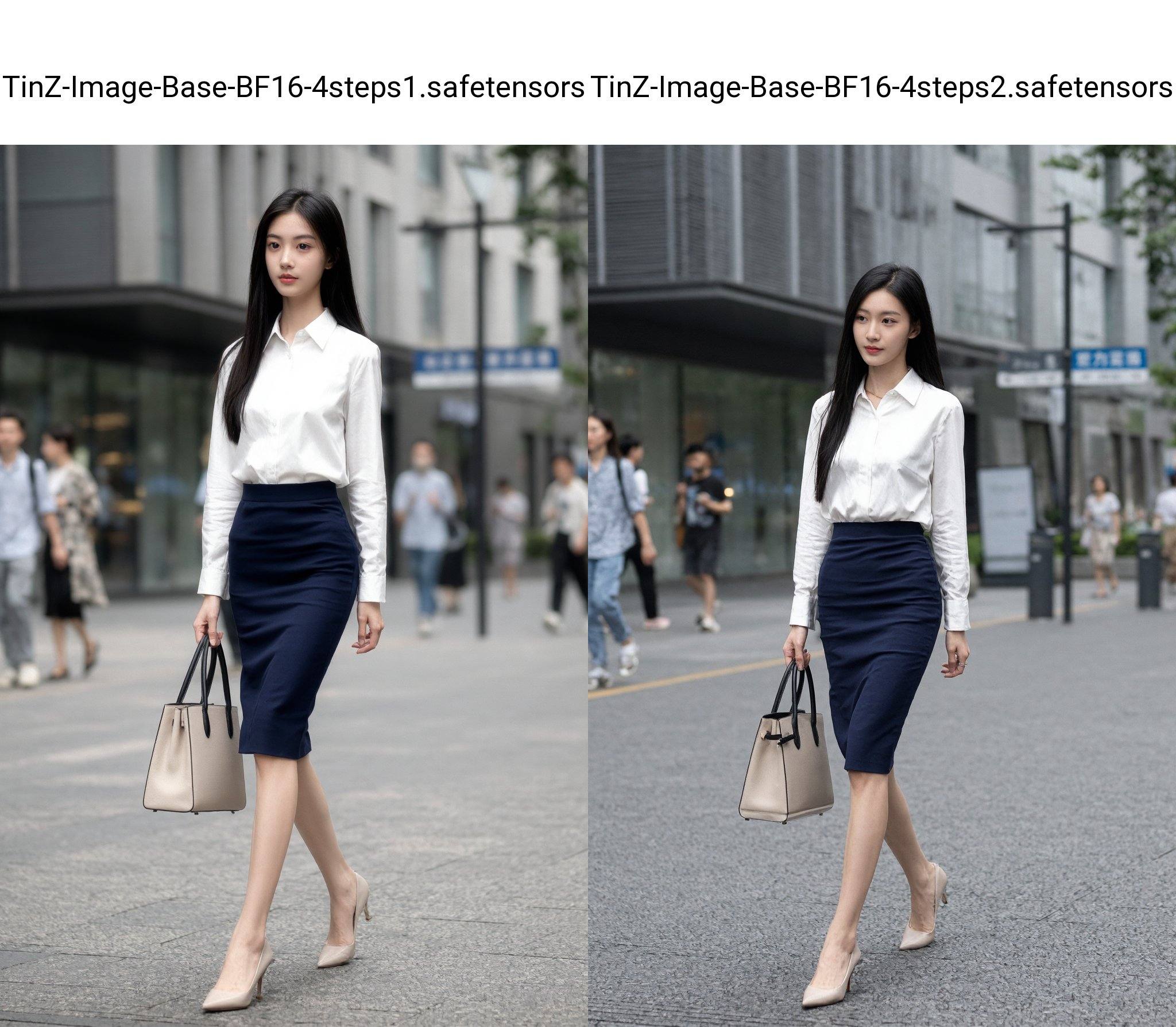 照片中，一位身材苗条、容貌姣好的亚裔女性正走在城市街道上，她留着一头乌黑亮丽的长直发。她身穿一件干净利落的白色衬衫和一条修身的藏蓝色铅笔裙，脚蹬一双米色高跟鞋。她手提一个米色手提包，包带是黑色的提手。背景中可以看到现代化的建筑、几位行人以及一块带有中文的路牌。整个画面散发着一种都市的干练气息。