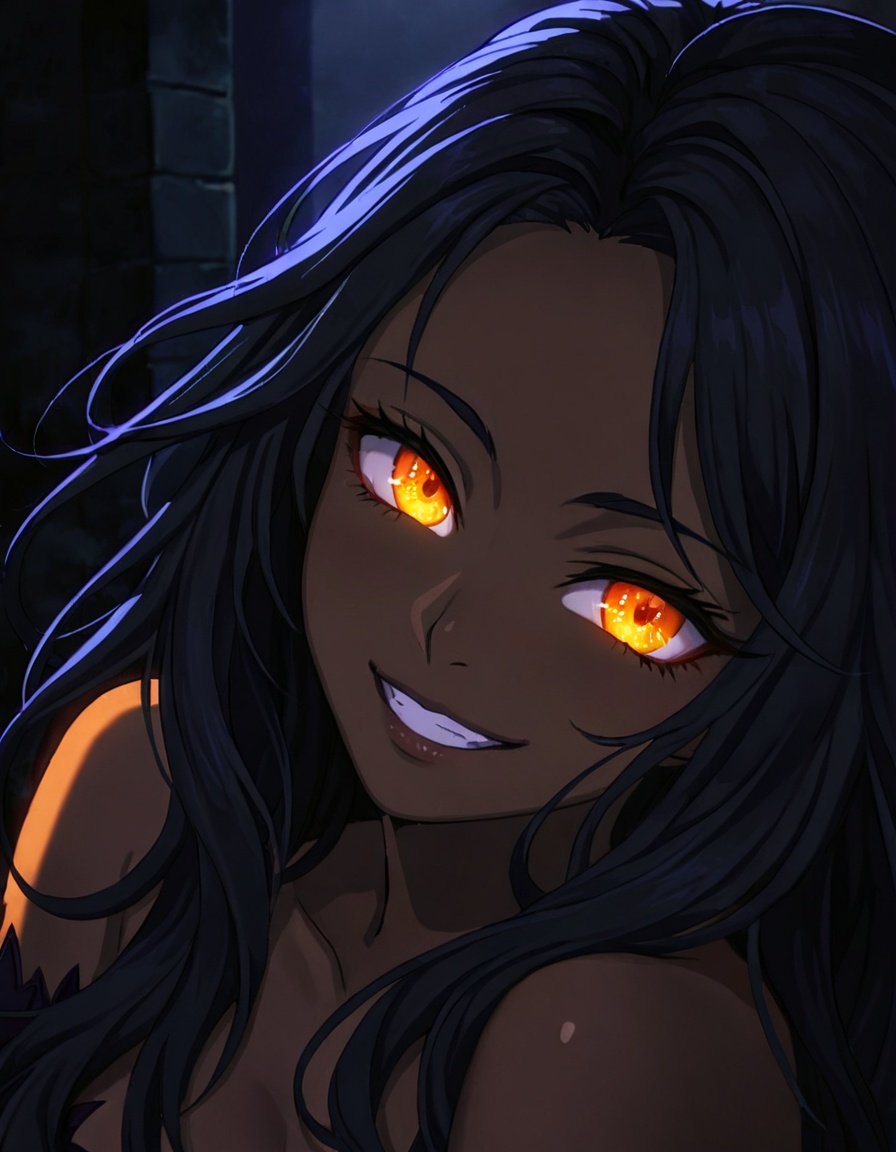 dark-skinned sexy demon girl, long wavy black hair, beautiful detailed face, orange glowing eyes, devious grin, best quality, extemely detailed, cinematic, ((dark lighting, dark ambiance, middle of the night)). created by japanese anime studio. highly emotional. best quality, high resolution, concept art beautiful detailed portrait, dark-skinned sexy demon girl, long wavy black hair, beautiful detailed face, orange glowing eyes, devious grin, best quality, extemely detailed, cinematic, ((dark lighting, dark ambiance, middle of the night))