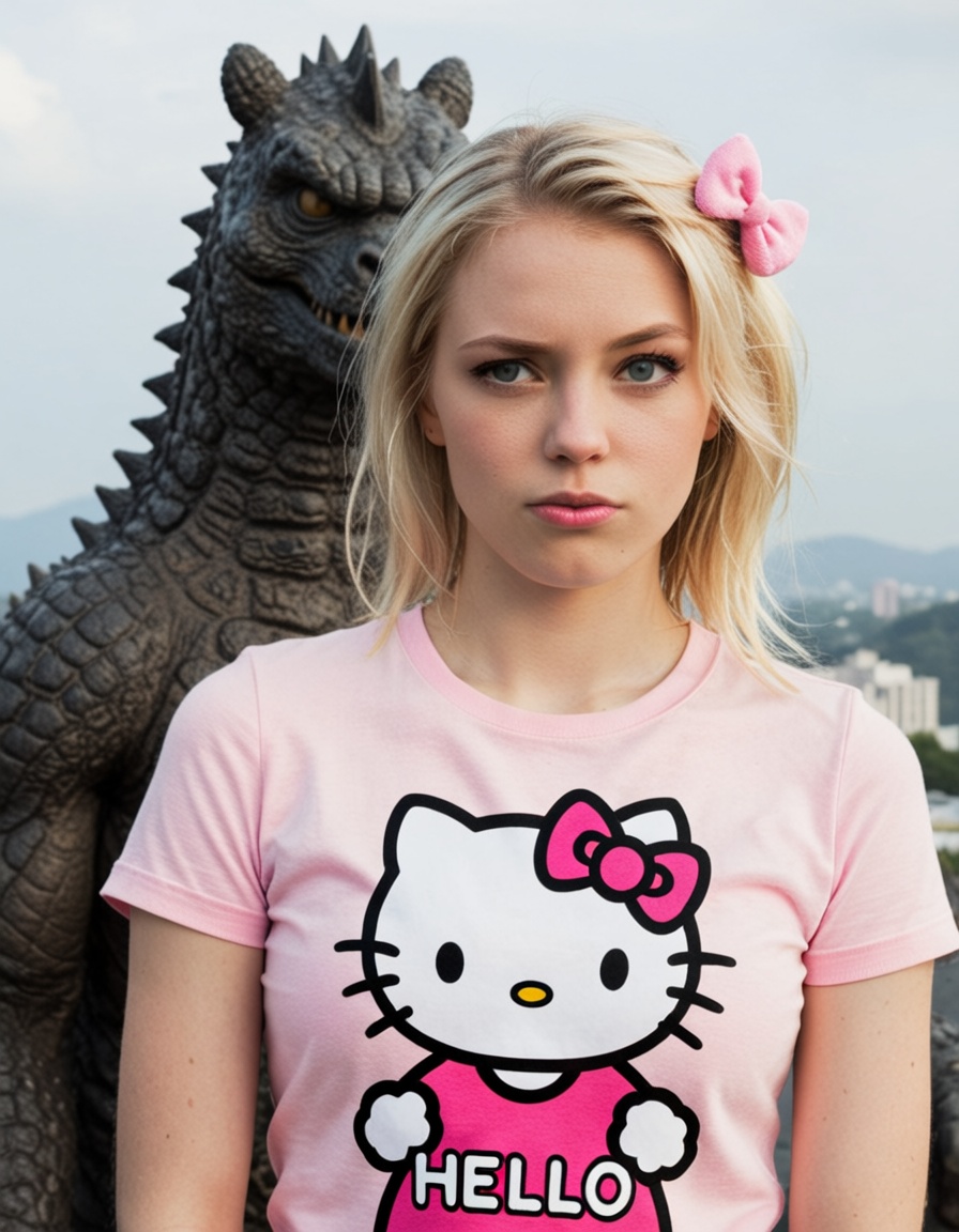beautiful blonde girl with a pink hello kitty t-shirt,  godzilla in the background is judging you too on Tensor.Art