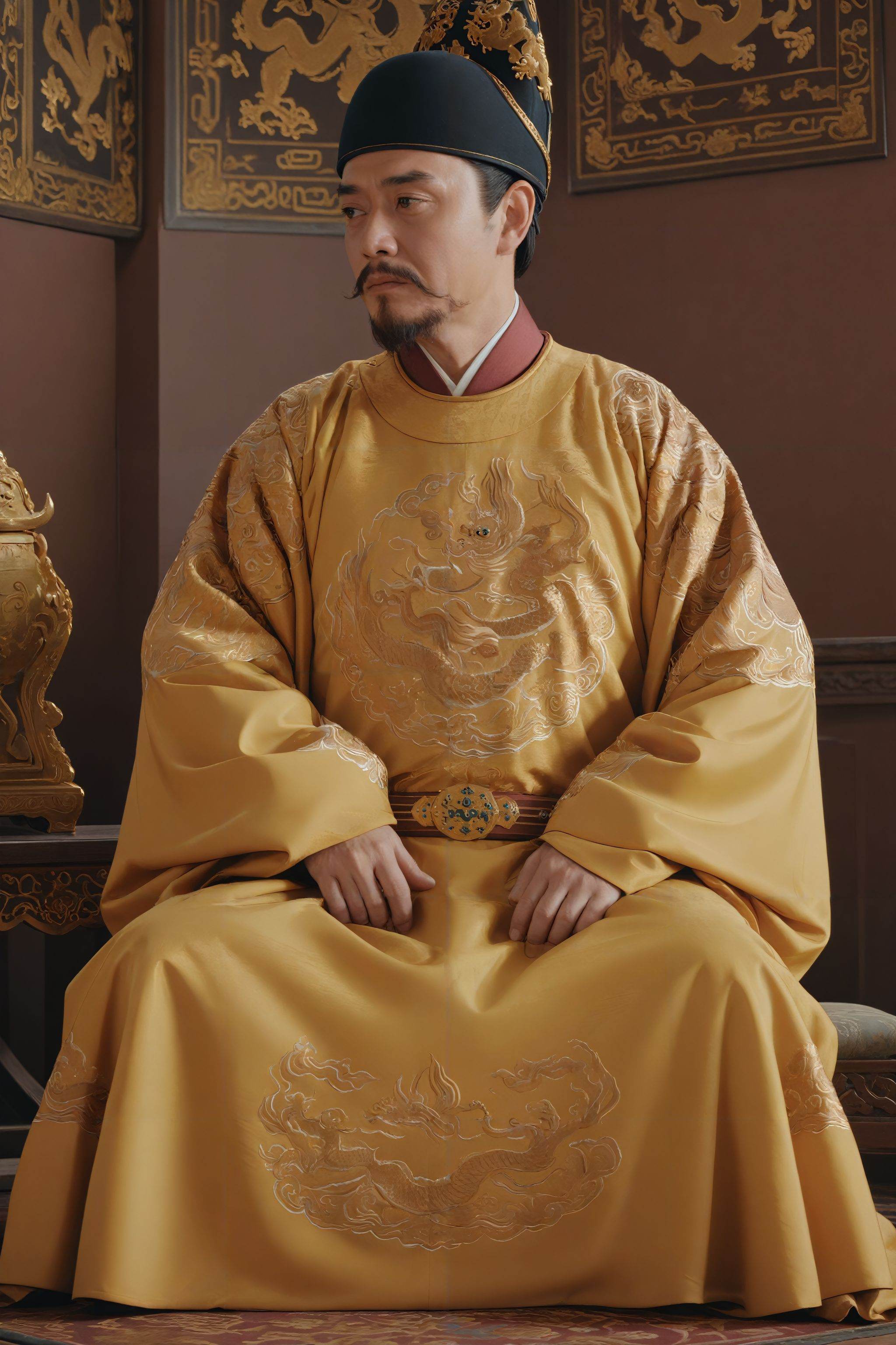 (masterpiece:1.3),(best quality:1.2),highres,sharp,photorealistic,realistic,UHD,(Yishanguan \(hat\):0.8),(LLYL \(attire\):1.2),1man,solo,male focus,facial hair,sitting,black hair,beard,full body,closed mouth,realistic,mustache,<lora:changfu1:0.8>,