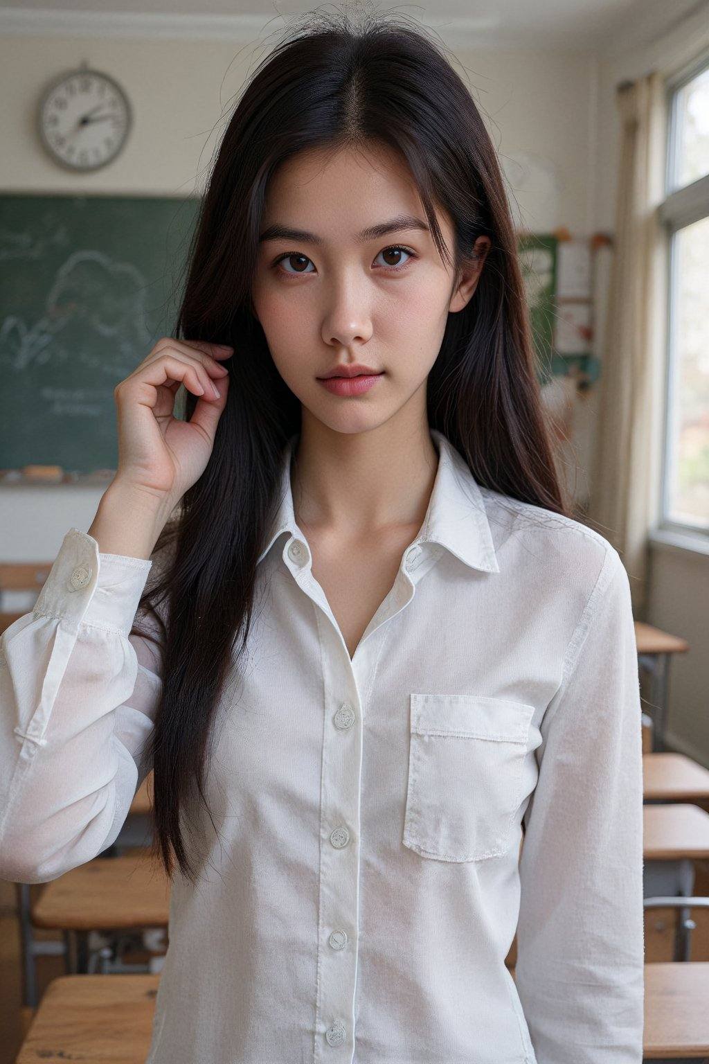 Create an image of a young woman in a classroom setting. She has long,  straight black hair that cascades down her shoulde...