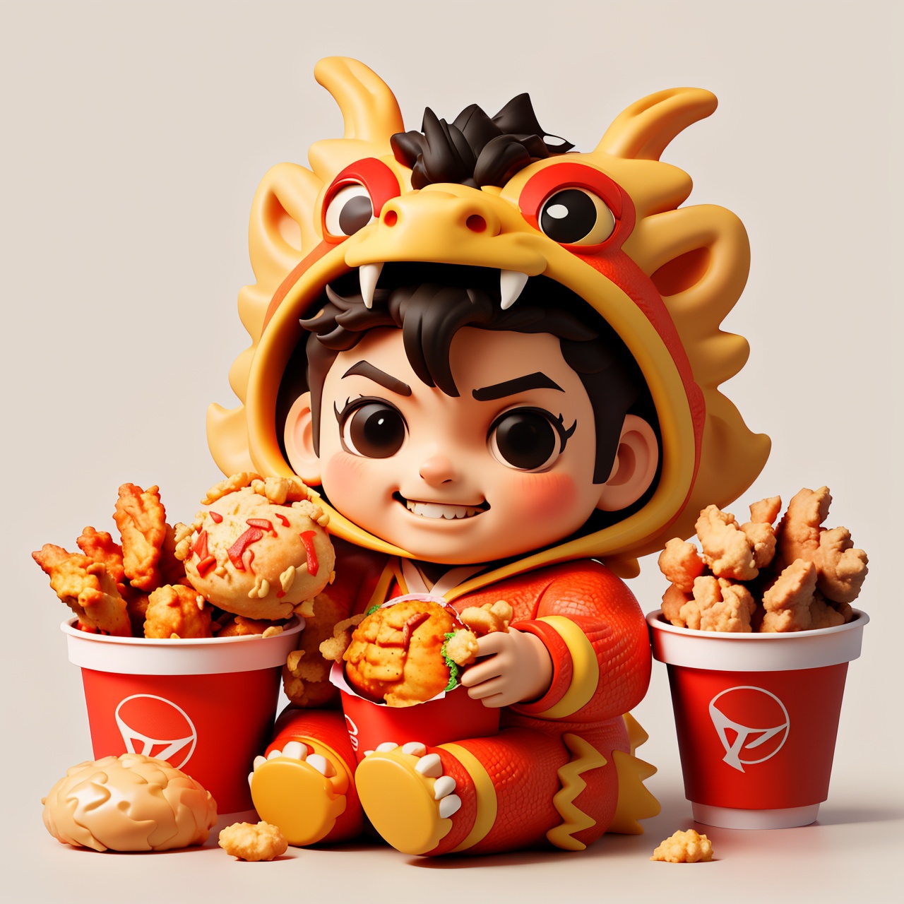NY_BQB,1boy,chibi,male focus,solo, black hair,dragon costume,eatting KFC, Fried Chicken, Hamburg, simple background, red background,smile,looking at viewer, black eyes