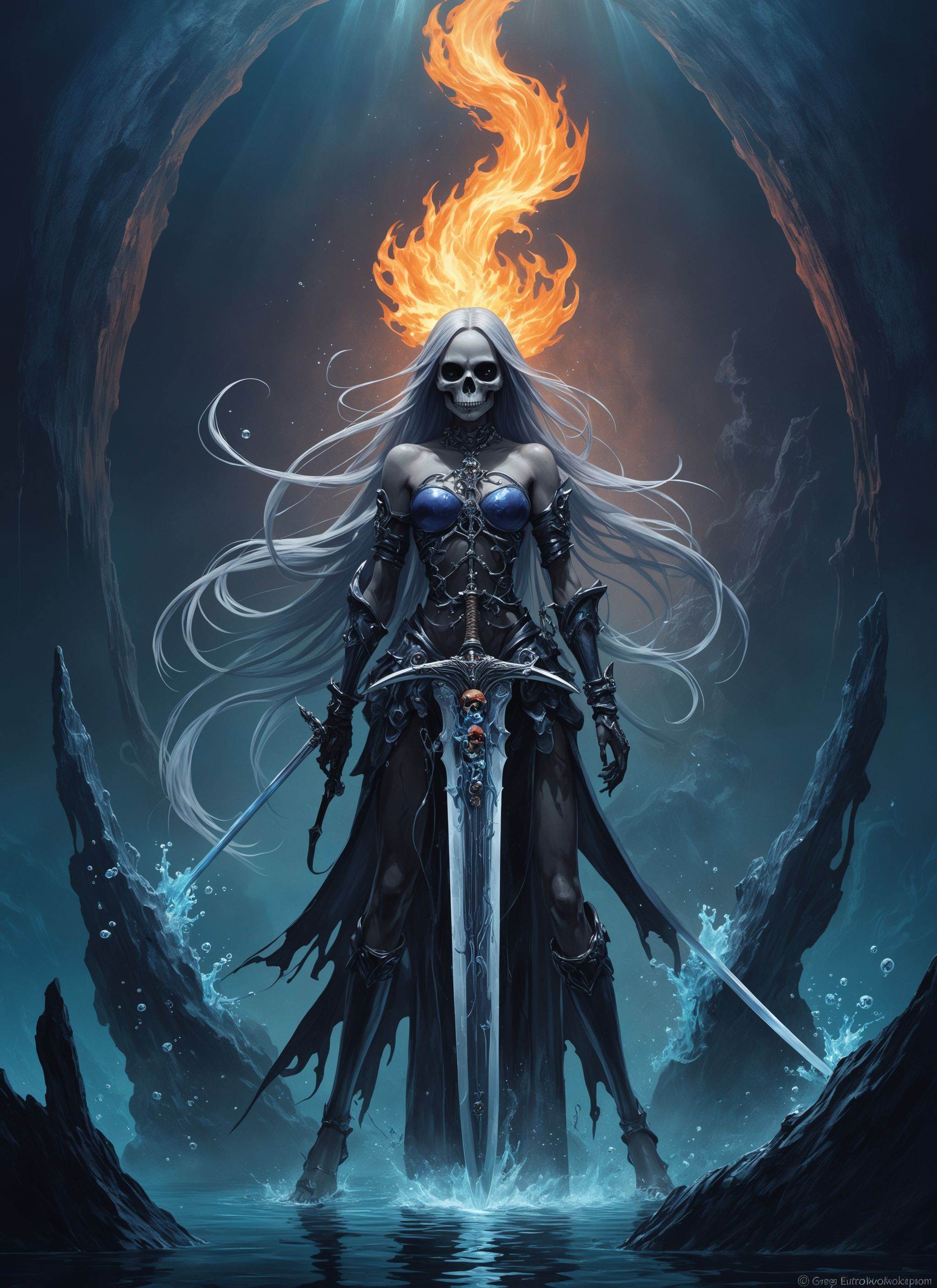 representation of bling,  sword and her sister-arch enemy,  skull indigo moon flame on Tensor.Art