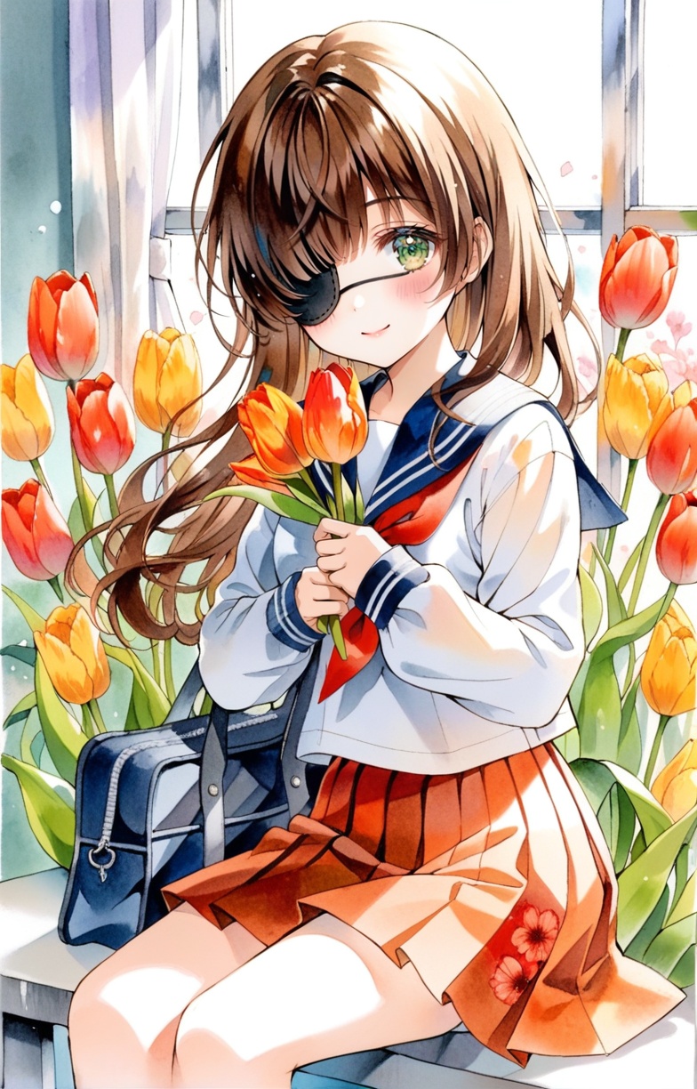 1girl,flower,solo,long hair,skirt,brown hair,green eyes,bag,school uniform,traditional media,watercolor (medium),looking at viewer,orange flower,long sleeves,floral print,blush,holding,serafuku,painting (medium),red skirt,sailor collar,shirt,bangs,smile,pleated skirt,white shirt,school bag,ribbon,closed mouth,yellow flower,red flower,tulip,holding flower,eyepatch,orange skirt,sleeves past wrists,plant,sitting,uniform,shoulder bag,hand up,one eye covered,