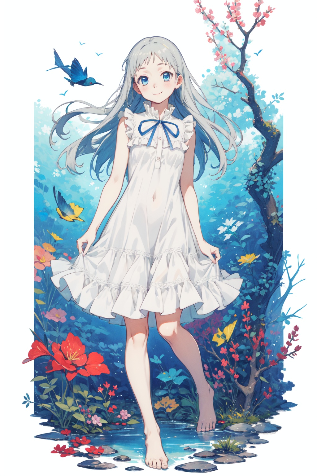<lora:Menma-000015:0.9>,Menma CYQL,1girl,looking at viewer,solo,long hair,grey hair,blue eyes,smile,dress,ribbon,sleeveless,sleeveless dress,white dress,barefoot,full body,standing,frills,portrait,Coral, Reef, Fish, Seaweed, Colorful, Underwater, Diversity, Serenity,(Cottage garden flowers, Herbaceous borders, Cottage charm, Summer blooms, English countryside, Bees buzzing:0.5),beautiful detailed sky,beautiful detailed glow,posing in front of a colorful and dynamic background,masterpiece,best quality,beautiful and aesthetic,contrapposto,female focus,wallpaper,