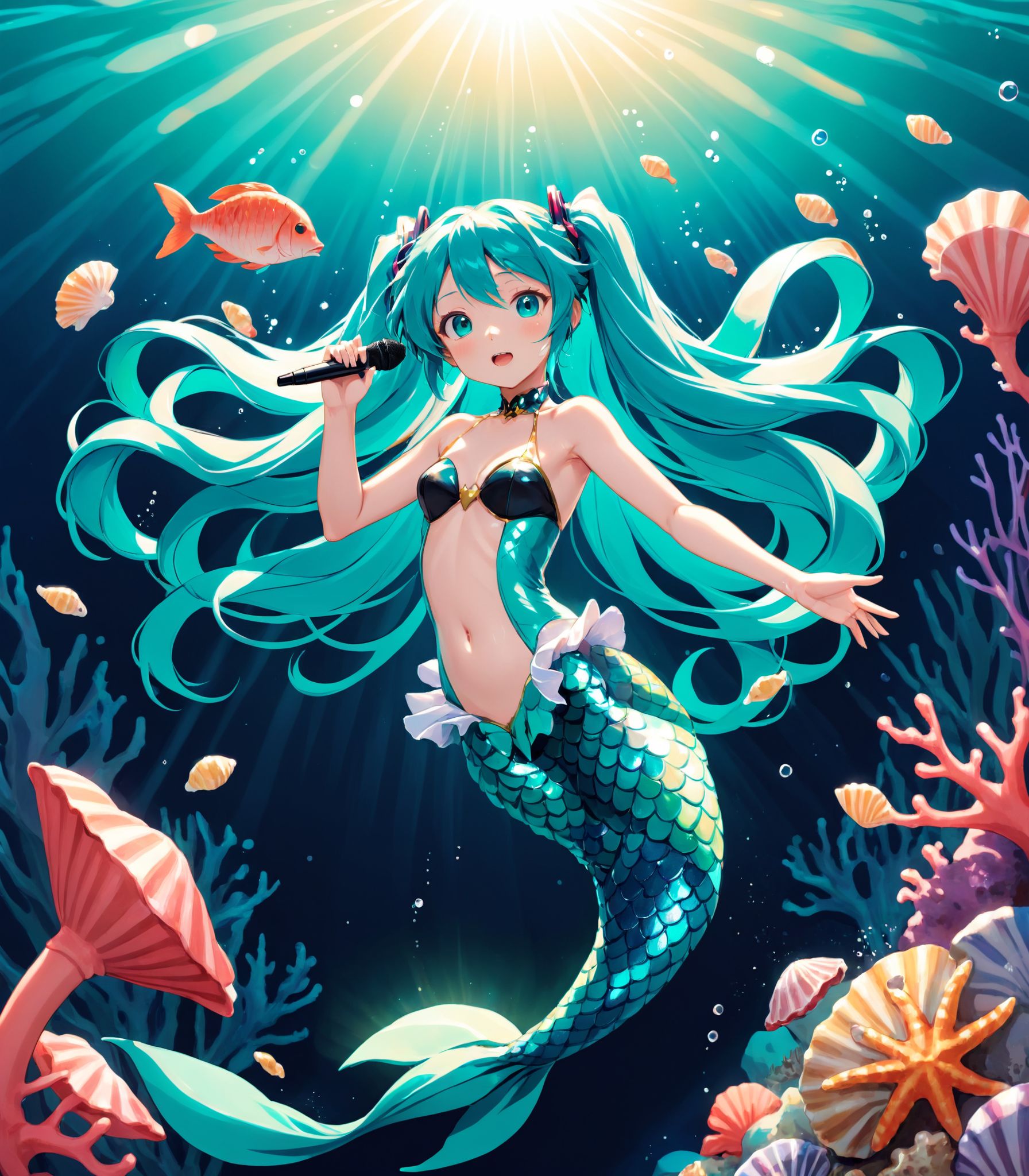 Illustration of Hatsune Miku as a mermaid swimming gracefully in the deep sea,  with her turquoise tail shimmering in the...