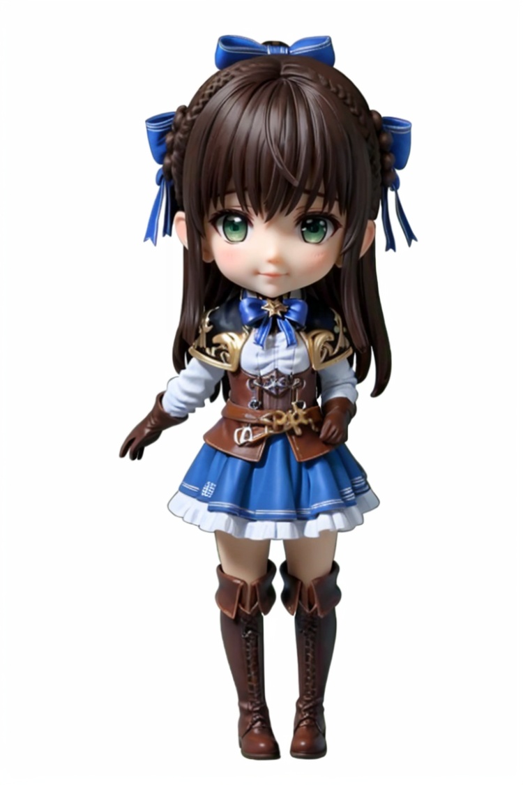 ((HRD, HUD, 8K)),((masterpiece, best quality)), highly detailed, soft light,chibi, big eyes, big head, 1girl, solo, long hair, bow, hair bow, blue bow, black hair, brown hair, bangs, green eyes, braid, lips, ribbon, corset, gloves, brown gloves, skirt, boots, thigh boots, simple background, white background, full body, long legs, standing, looking at viewer, <lora:20240401-1711931363482:0.72>