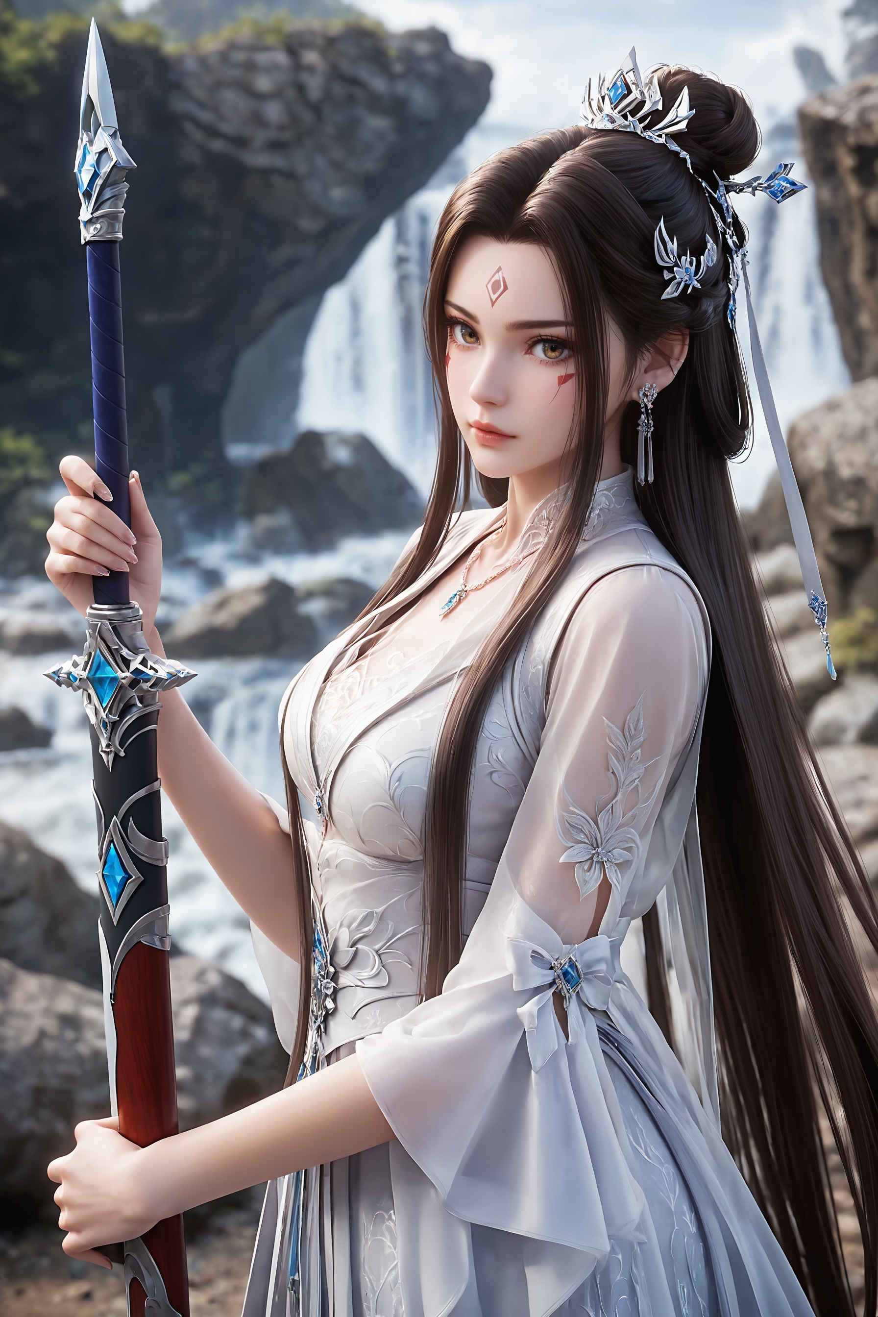 score_9,score_8 up,score_7,1girl,solo,ultra-detailed,high resolution,perfect lighting,flawless skin,sharp focus,extremely detailed anatomy,Exquisite Craftsmanship,High-Resolution Beauty,Unparalleled Artistic Quality,masterpiece,best quality,official art,extremely detailed CG unity 8k wallpaper,<lora:陆雪琪-诛仙:0.5>,expressive_clothes,multicolored_clothes,black hair,blurry,brown hair,dress,earrings,facial mark,forehead mark,hair bun,hair ornament,holding weapon,long hair,necklace,rock,single hair bun,very long hair,weapon,