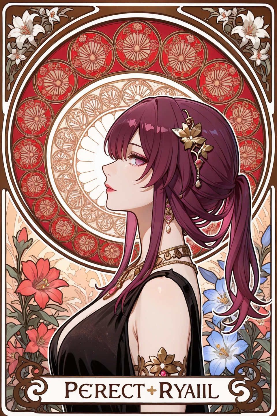 <lora:夏穆风·滤镜·ILL:0.8>,(kafka \(honkai: star rail\):1.2),red hair,art nouveau,long hair,1girl,profile,jewelry,flowers,hair ornament,necklace,solo,from side,depth of field,masterpiece,best quality,very aesthetic,alternate costume,alternate costume,2024,2023,perfect composition,ultra-detailed,extreme aesthetic,masterpiece,best quality,good quality,newest,year 2024,year 2023,very aesthetic,absurdres,looking_at_viewer,colorful,makeup,