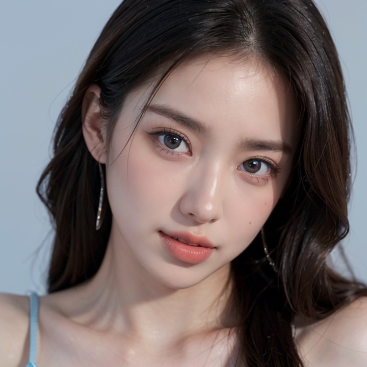 front angle,(8k, best quality, masterpiece:1.2),(realistic, photo-realistic:1.37),ultra-detailed,(looking_at_viewer:1.4),(eye-contact:1.4),1girl, solo, looking_at_viewer, realistic, blue_background, teeth, lips, long_hair, upper_body, open_mouth, ****_top, <lora:YG初恋女神小姐姐:0.7>,