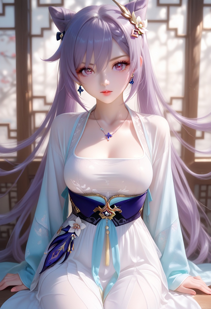 masterpiece,best quality,amazing quality,very aesthetic,sharp focus,1girl,solo,keqing \(genshin impact\),looking at viewer,very long hair,hair ornament,collarbone,eyelashes,jewelry,earrings,necklace,chinese clothes,hanfu,white dress,star eyes,sitting,indoors,,<lora:stareyes:0.7>