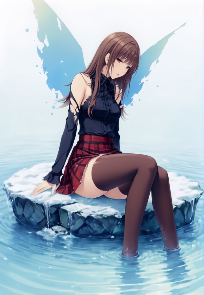 (best quality), ((masterpiece)), (highres), illustration, original, extremely detailed,   <lora:黑暗物语葬の花:0.7>solo, 1girl, thighhighs, skirt, brown hair, long hair, sitting, water, soaking feet, torn clothes, detached sleeves, wings