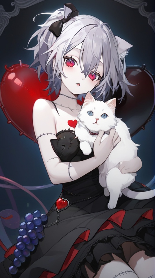 (best quality), ((masterpiece)), (highres), illustration, original, extremely detailed, <lora:淡彩の华美病娇:0.7>1girl, stitches, cat, solo, dress, grey hair, black dress, holding, looking at viewer, fruit, red eyes, food, patchwork skin, grapes, short hair, one side up, pale skin, hair between eyes, animal, heart