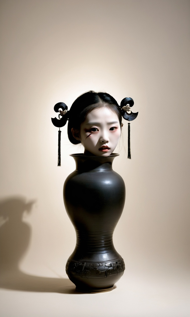 Chinese horror, supernatural, eerie composition,  decapitated cute girl head on vase mouth, pale makeup, distraught expression, surreal, ancient Chinese attire, off-white background, minimalistic, mysterious, psychological horror, black vase, cultural horror elements, implied violence, high-quality image, vertical orientation, soft lighting, subtle shadows.,.<lora:Horror_ghost:0.8>, 