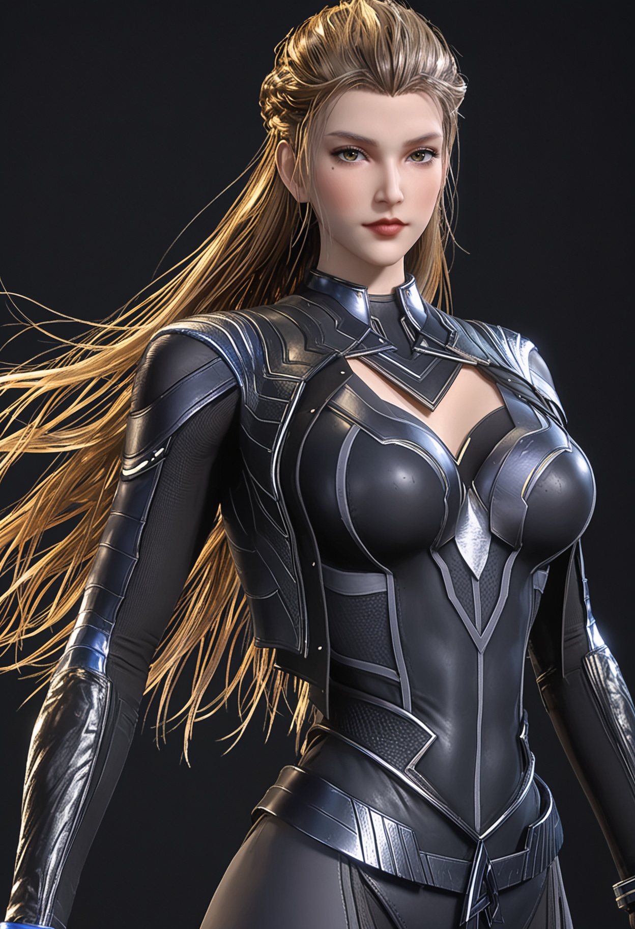 (looking_at_viewer:1.2),upper_body,(gigantic breasts:0.6),(slender:1.2),facing viewer,<lora:YQ_pony_raoyao_richangfuzhuang_V4:0.8>,q1528437228,1girl,solo,long hair,armor,brown hair,bodysuit,brown eyes,gloves,blonde hair,braid,mole under eye,black bodysuit,boots,grey hair,black hair,jewelry,black gloves,blue eyes,bracelet,belt,green eyes,high heels,(simple background,pure black background,black background:1.1),perfect_anatomy,