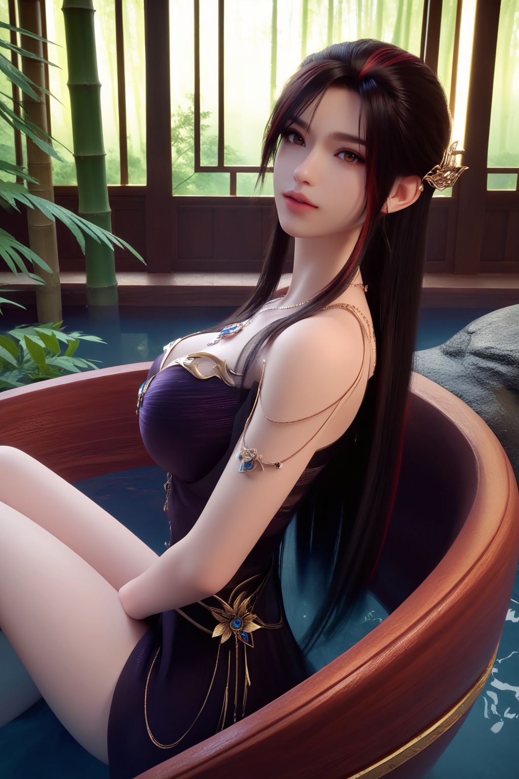 (Seated on a velvet armchair in a cozy library, she loses herself in the pages of a captivating novel:1.2),looking at viewer,<lora:XL16神国之上赵襄儿黑纱:0.85>,miss zhaoxianger,black corset gown,brown eyes,black hair,red streaked hair,very long hair,hair ornament,jewelry,(large breasts:1.2),bamboo forest,water,stone,pondel,, score_9,score_8_up,score_7_up,score_6_up,score_5_up,score_4_up,3d rendering,tag1,tag2, Cinematic Lighting,backlighting,