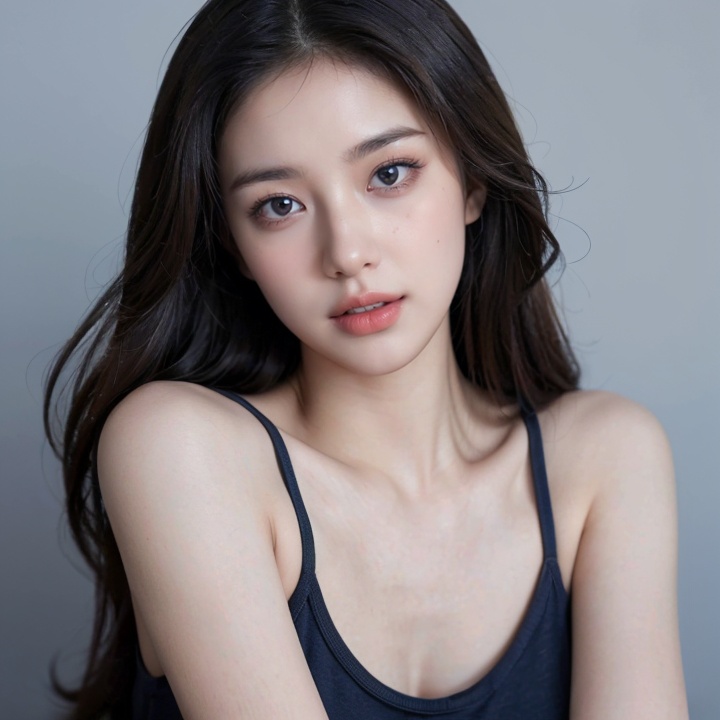 front angle,(8k, best quality, masterpiece:1.2),(realistic, photo-realistic:1.37),ultra-detailed,(looking_at_viewer:1.4),(eye-contact:1.4),1girl, solo, looking_at_viewer, realistic, blue_background, teeth, lips, long_hair, upper_body, open_mouth, ****_top, <lora:YG初恋女神小姐姐:0.7>,