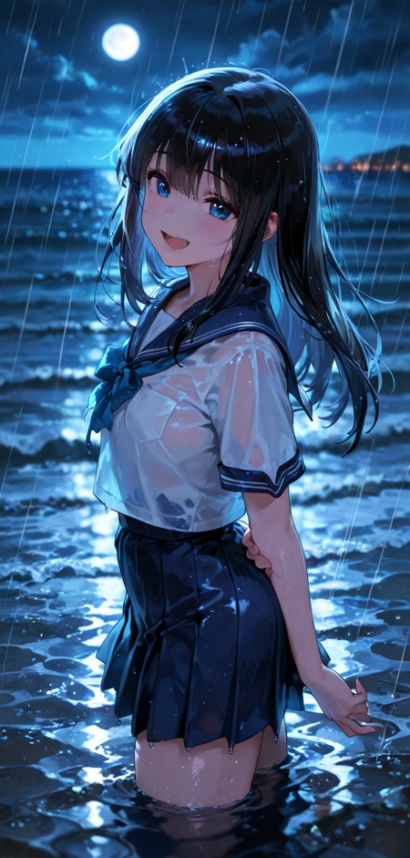 black hair, long hair, sailor collar, school uniform, serafuku, shirt, skirt, blue sailor collar, blue skirt, white shirt, 1girl, open mouth, moon, night, ocean, partially submerged, rain, smile, solo, depth of field, deep shadows, backlighting, perspective, masterpiece, best quality, amazing quality, very awa, absurdres,