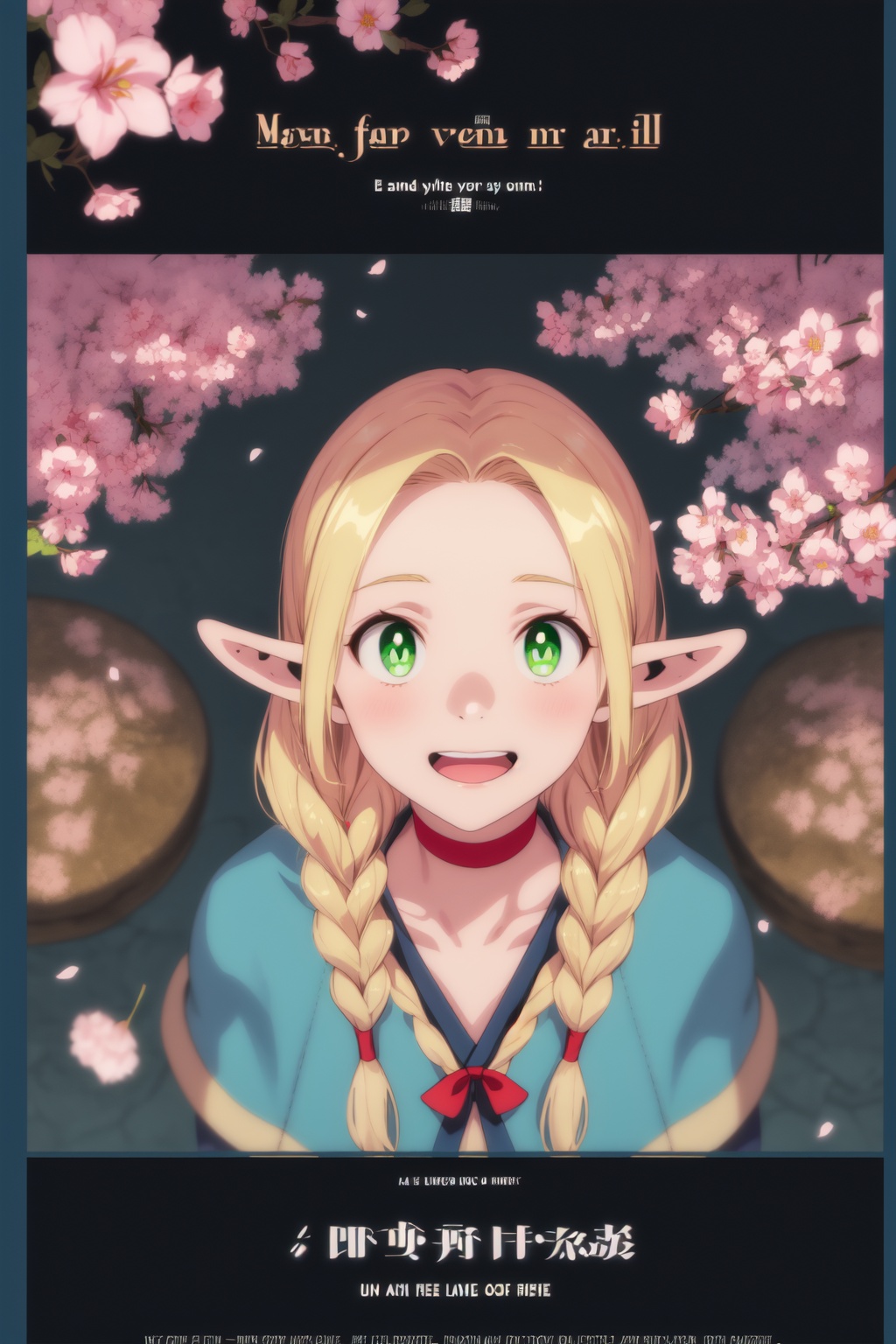 1girl,looking at viewer,solo,elf,long hair,blonde hair,twin braids,pointy ears,green eyes,choker,red choker,capelet,belt,dress,<lora:Marcille (3):0.8>,Marcille_CYQL,(laughing,lying,portrait,from_above:1.1),beautiful face,beautiful eyes,glossy skin,shiny skin,Rainforest, Trees, Foliage, Undergrowth, Waterfall, Humidity, Wildlife, Canopy,Cherry blossoms, Pagoda, Koi pond, Cherry blossom festival, Japanese tranquility, Cherry blossom petals,beautiful detailed sky,beautiful detailed glow,(movie poster:1.2),(border:1.3),(English text:1.4),posing in front of a colorful and dynamic background,masterpiece,best quality,beautiful and aesthetic,contrapposto,female focus,fine fabric emphasis,wallpaper,fashion,intricate detail,finely detailed,fine fabric emphasis,glossy,<lora:增强减少细节add_detail:0.4>,