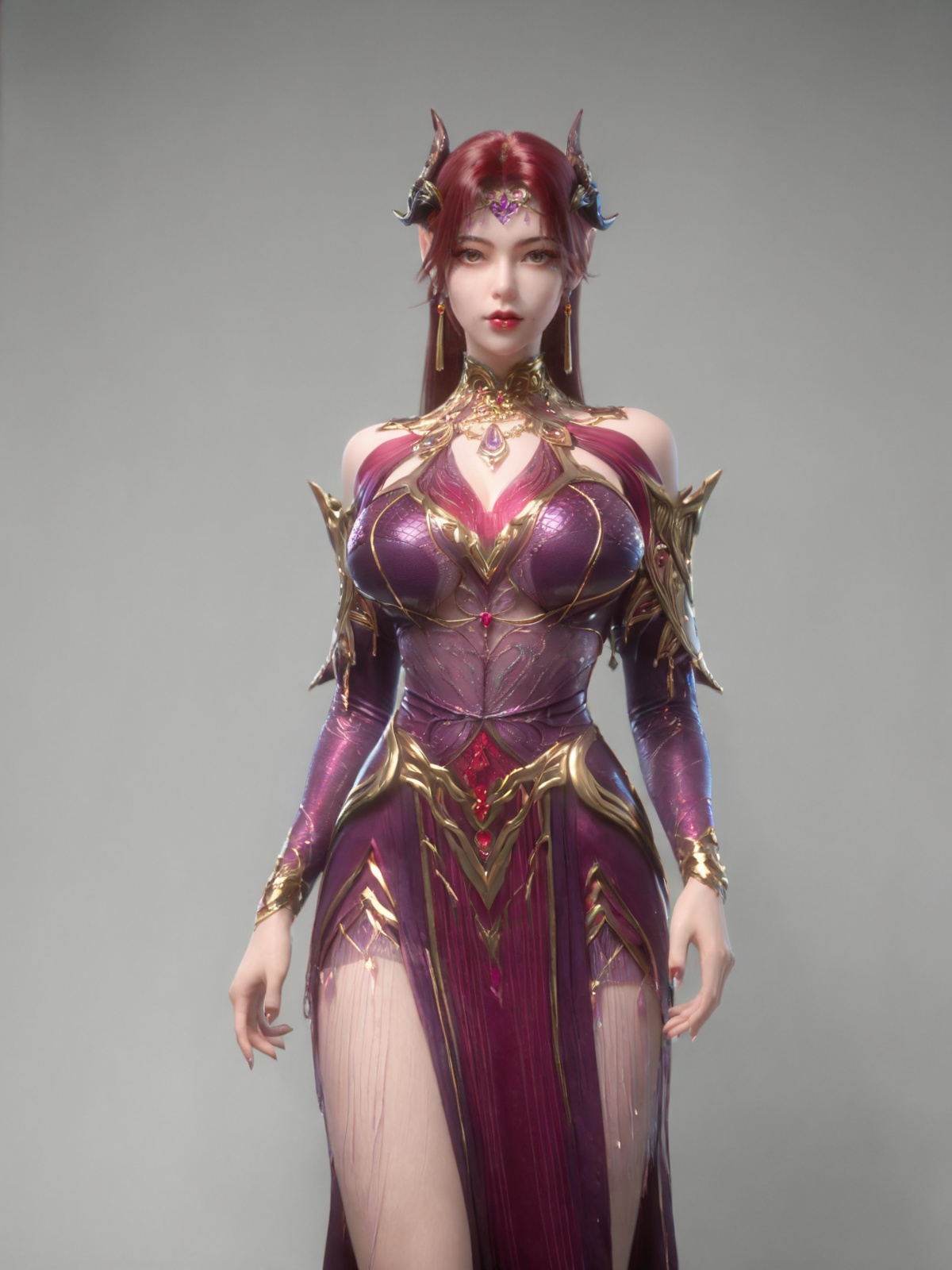 score_9,score_8_up,score_7_up,incredibly absurdres,<lora:SF_YaoYe_Pony-000006:0.7>,1girl,solo,standing,dress,purple dress,breasts,large breasts,red lips,jewelry,hair ornament,earring,looking at viewer,white background,