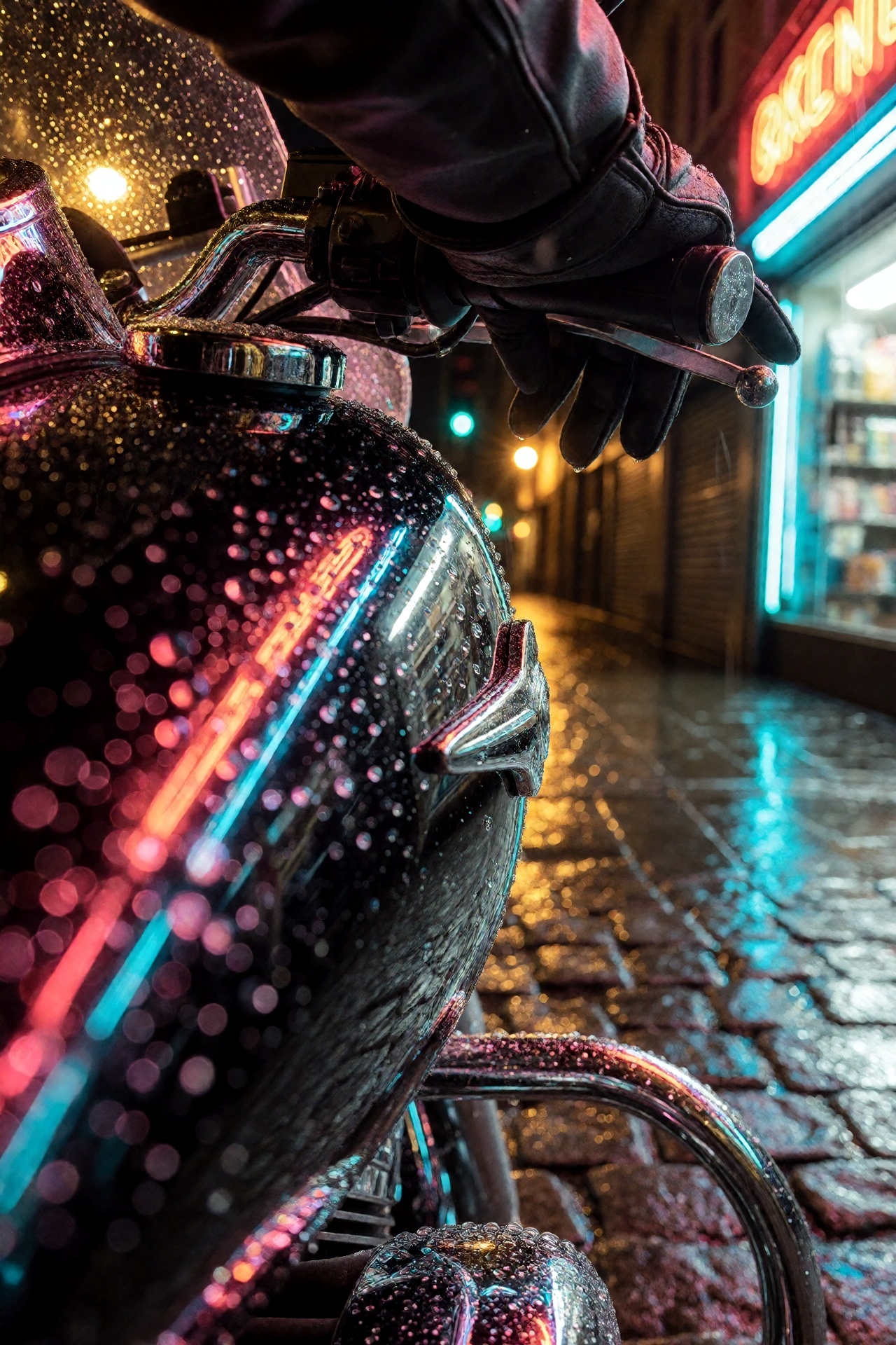 Extreme close-up of a chrome motorcycle fuel **** and side mirror parked at night on wet cobblestone,  the **** cropped by...