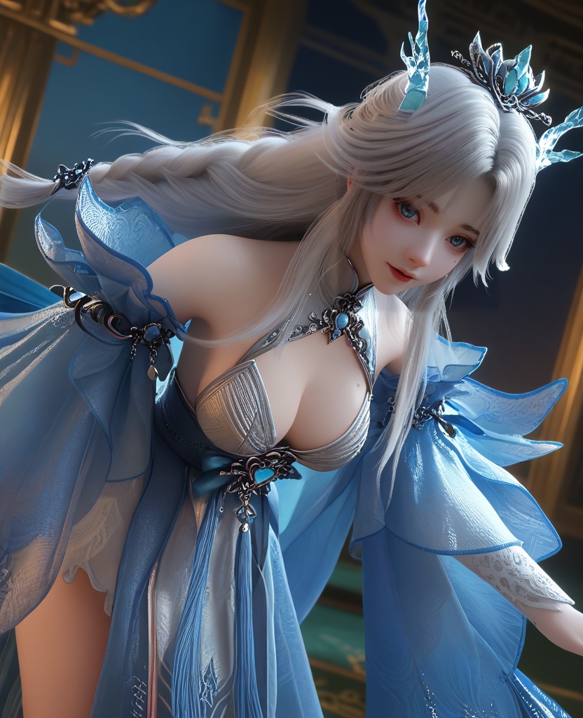 (bent over:1.1),looking at viewer,(large breasts:1.2),<lora:XL16云深不知梦龙儿:0.95>,miss longer,white dress with blue train,blue eyes,mole under left eye,white hair,long hair,half-up braid with long cascading hair,hair ornament,blue wide flowing sleeves,sash,opera gloves sleeves of white,crystal horns,adolescent girl,, score_9,score_8_up,score_7_up,score_6_up,score_5_up,score_4_up,3d rendering,tag1,tag2, Cinematic Lighting,backlighting,