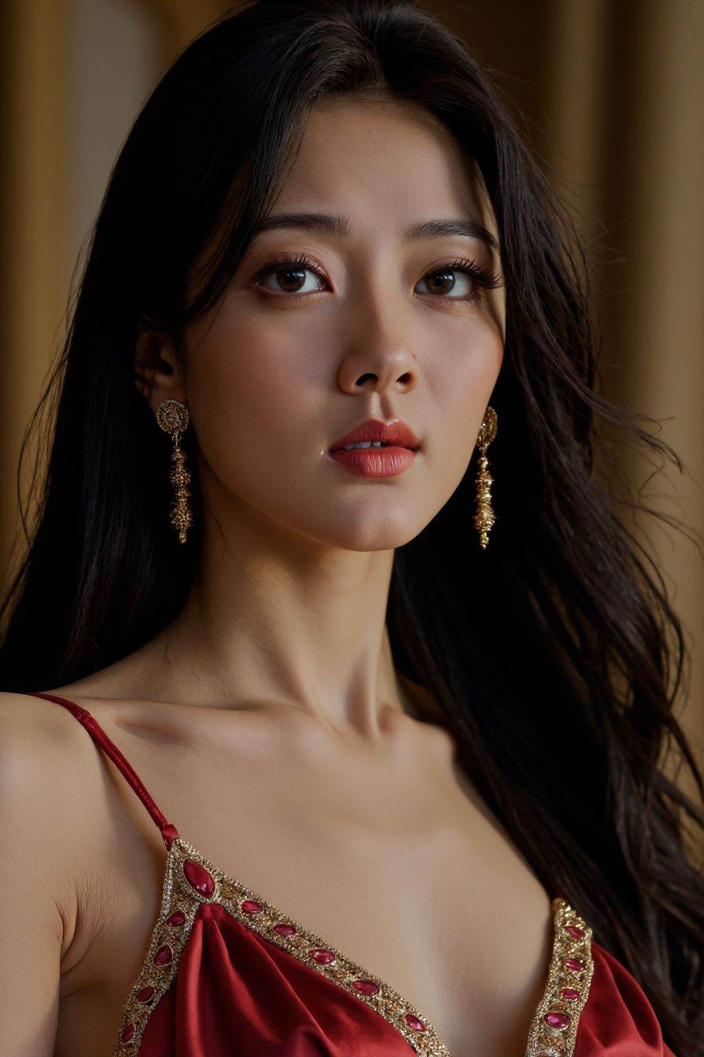 cinematic film still HDR photo of girl,solo,long hair,breasts,black hair,dress,cleavage,bare shoulders,brown eyes,jewelry,collarbone,upper body,earrings,black eyes,lips,realistic,