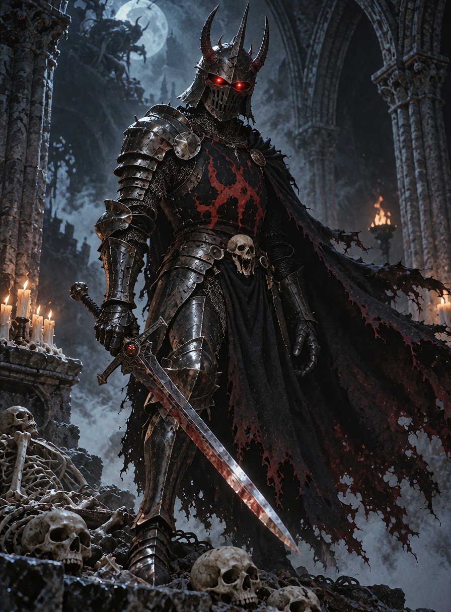 A cursed black knight standing in a ruined gothic cathedral,  cracked obsidian armor,  glowing red eyes beneath a broken h...