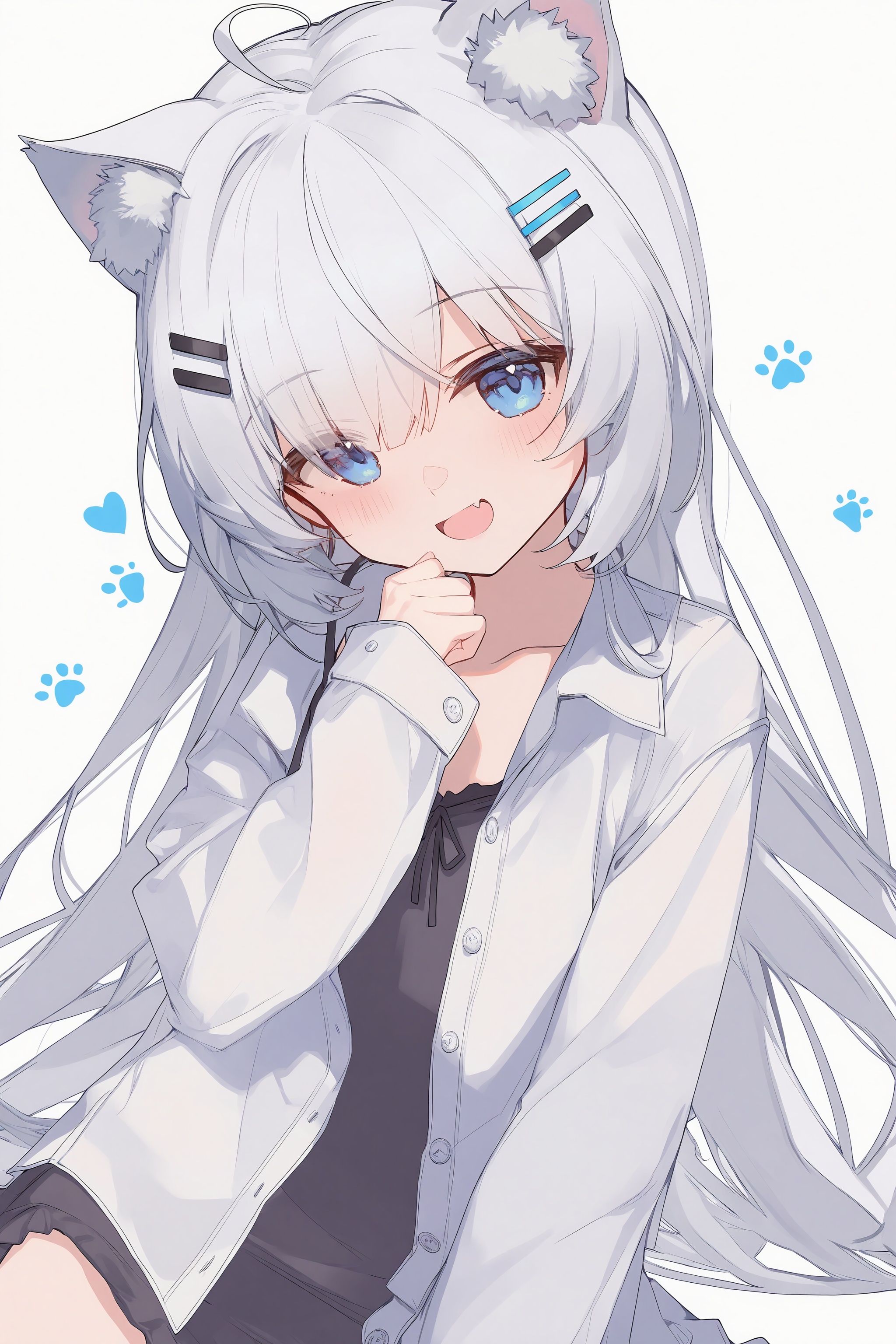 <lora:nai4zhengliu-ckxl0.2_v1-000071:0.9>,high resolution,aesthetic,excellent,medium resolution,1girl,solo,white hair,blue eyes,animal ears,cat ears,animal ear fluff,ahoge,hair between eyes,long hair,blush,smile,open mouth,fang,looking at viewer,head tilt,hair ornament,hair clip,paw print,white shirt,collared shirt,open shirt,black undershirt,camisole,buttons,simple background,white background,heart,symbol,close-up,