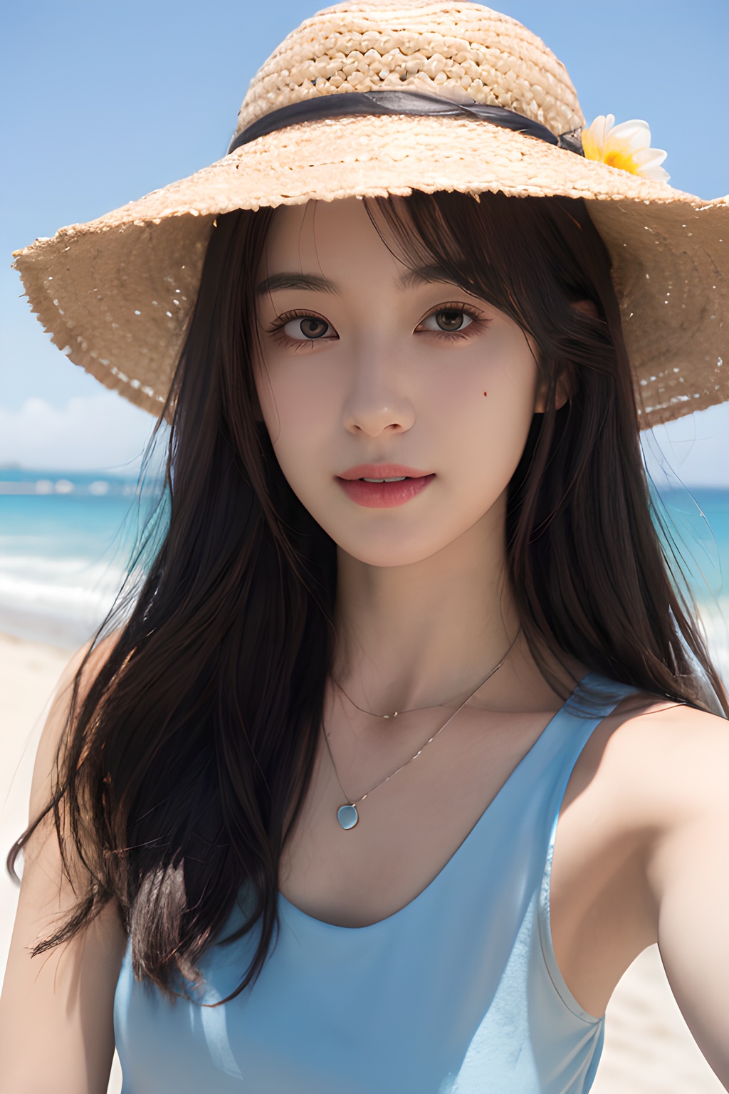<lora:0817_03:0.4>,araffe girl with long hair wearing a purple dress, 1girl, solo, hat, straw hat, long hair, looking at viewer, necklace, jewelry, heart necklace, smile, heart, brown hair, bangs, day, beach, outdoors, upper body, black hair, sunlight, closed mouth, swimsuit, selfie, sky, ocean,, 1girl,realistic,masterpiece, best quality, photorealistic, HDR,detail