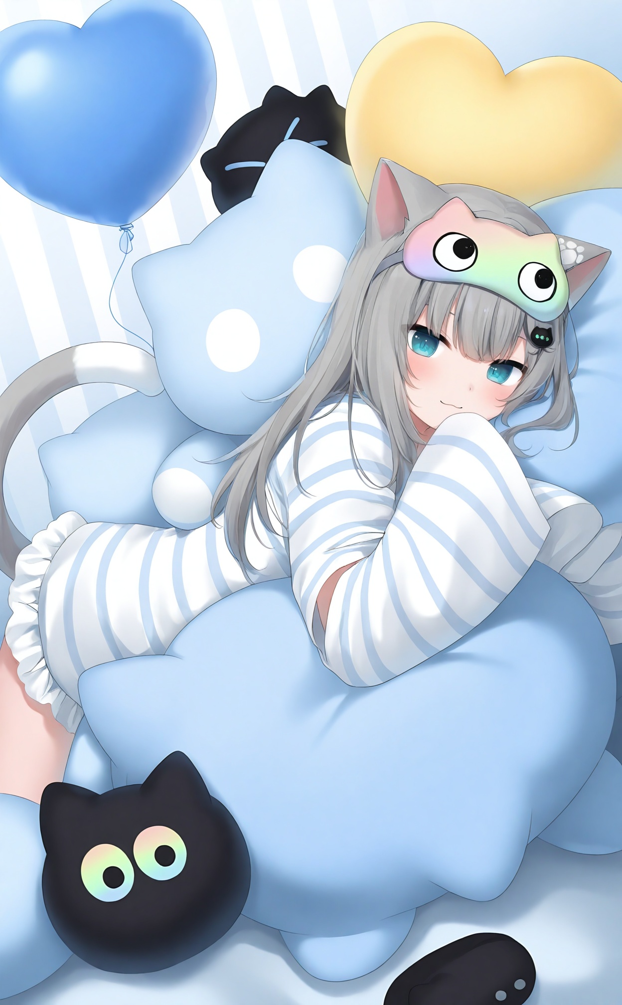 masterpiece,absurdres,best quality,loli,petite,high quality,chromatic_aberration,//,1girl, virtual_youtuber, animal_ears, grey_hair, cat_ears, cat_tail, tail, cat_girl, sleep_mask, striped_socks, slippers, blue_eyes, long_hair, pillow, sleeves_past_wrists, striped_clothes, socks, looking_at_viewer, solo, long_sleeves, on_stomach, lying, heart-shaped_pillow, shirt, hair_ornament, smile, frills, heart_balloon, white_shirt, heart, mask, closed_mouth, stuffed_cat, balloon, eyebrows_hidden_by_hair, blush, wide_sleeves, pajamas, :3, animal_ear_fluff, stuffed_toy, sleeves_past_fingers, black_footwear//,//,<lora:gancheng——【noob】hans:0.88>,